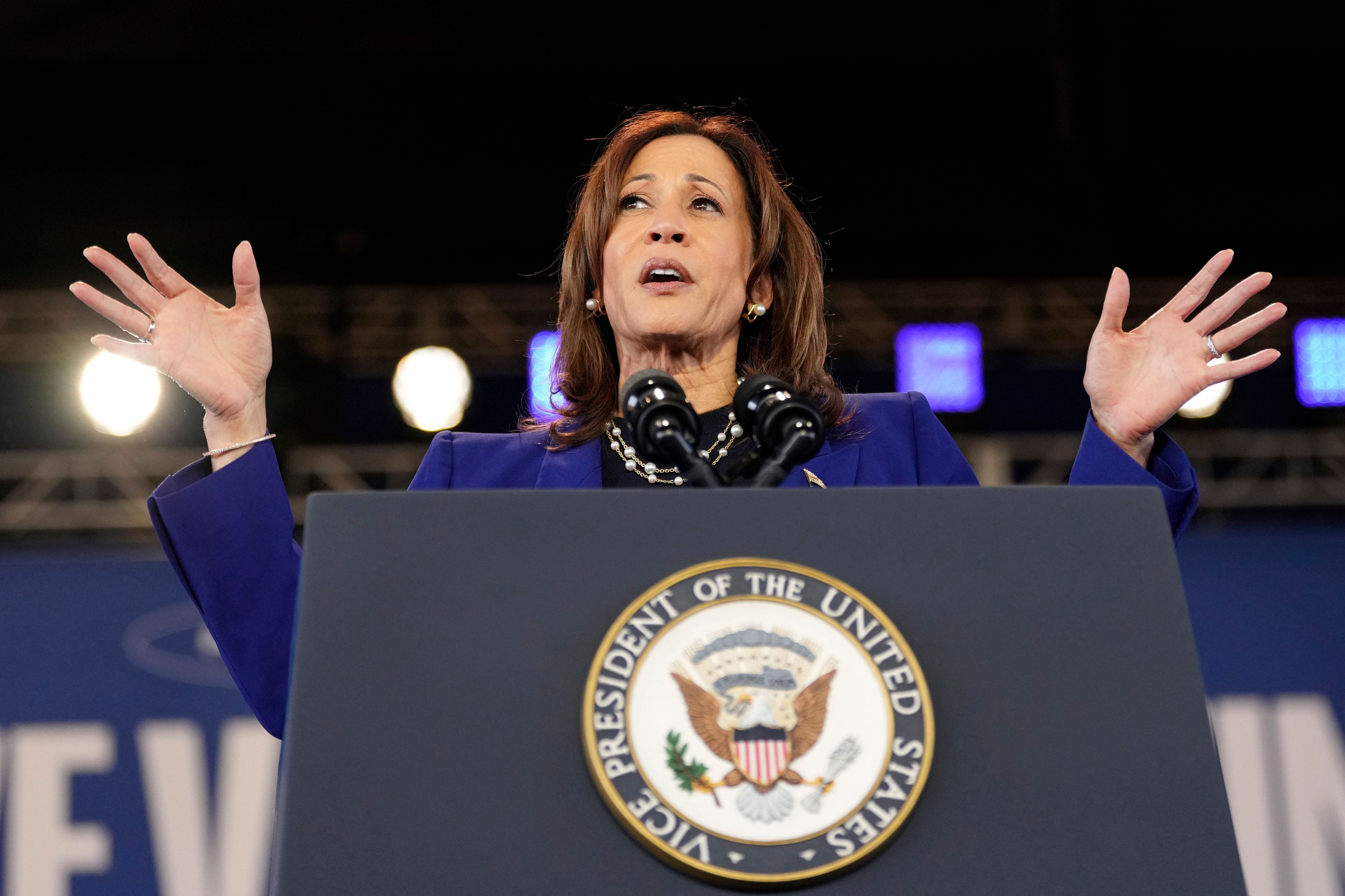 Democratic presidential nominee Vice President Kamala Harris speaks during a campaign event at Talking Stick Resort Amphitheatre, Thursday, Oct. 31, 2024, in Phoenix. (AP Photo/Ross D. Franklin)