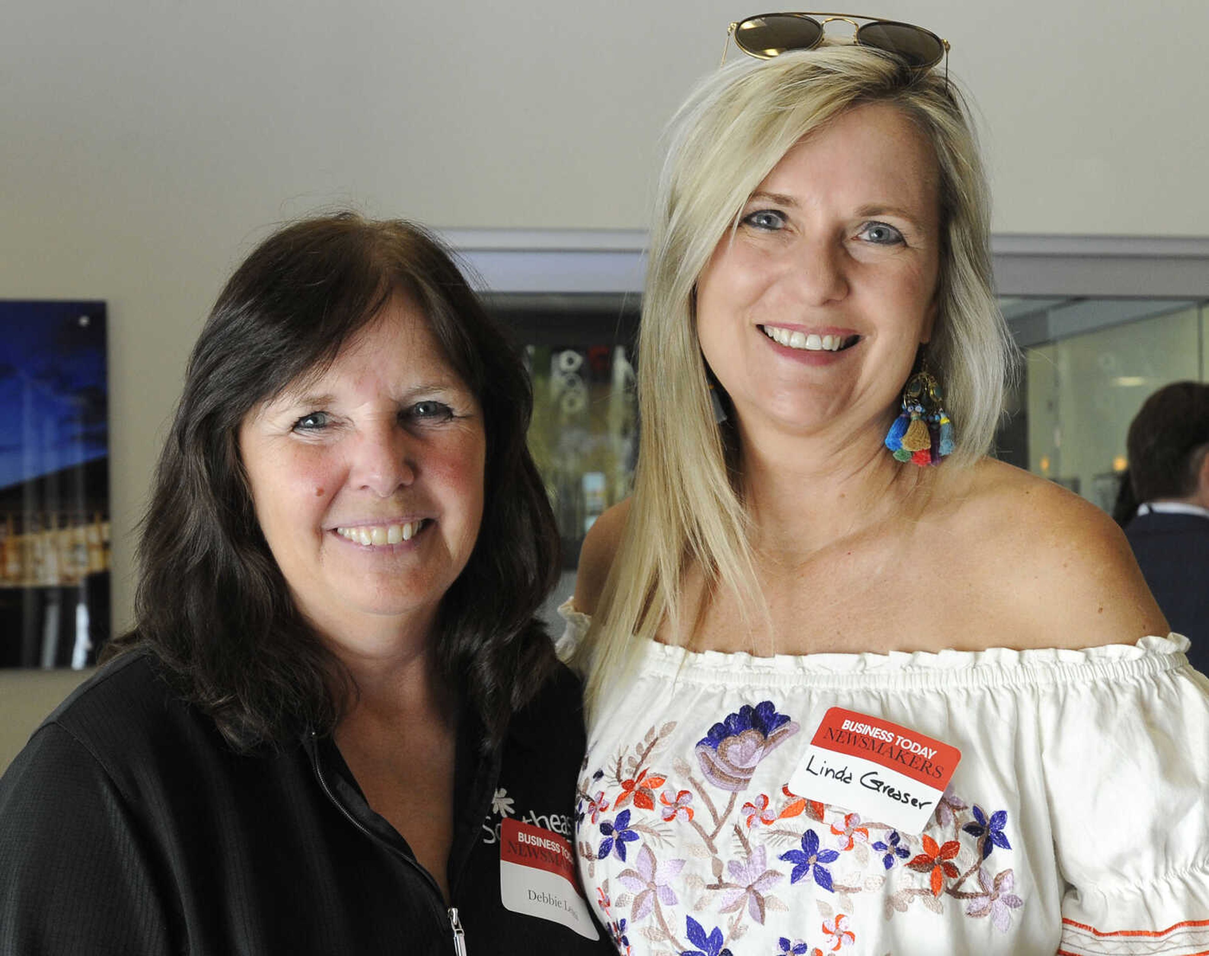 FRED LYNCH ~ flynch@semissourian.com
Debbie Leoni, left, and Linda Greaser pose for a photo Wednesday, Sept. 6, 2017 at the Business Today Newsmakers awards reception at First Midwest Bank in Cape Girardeau.