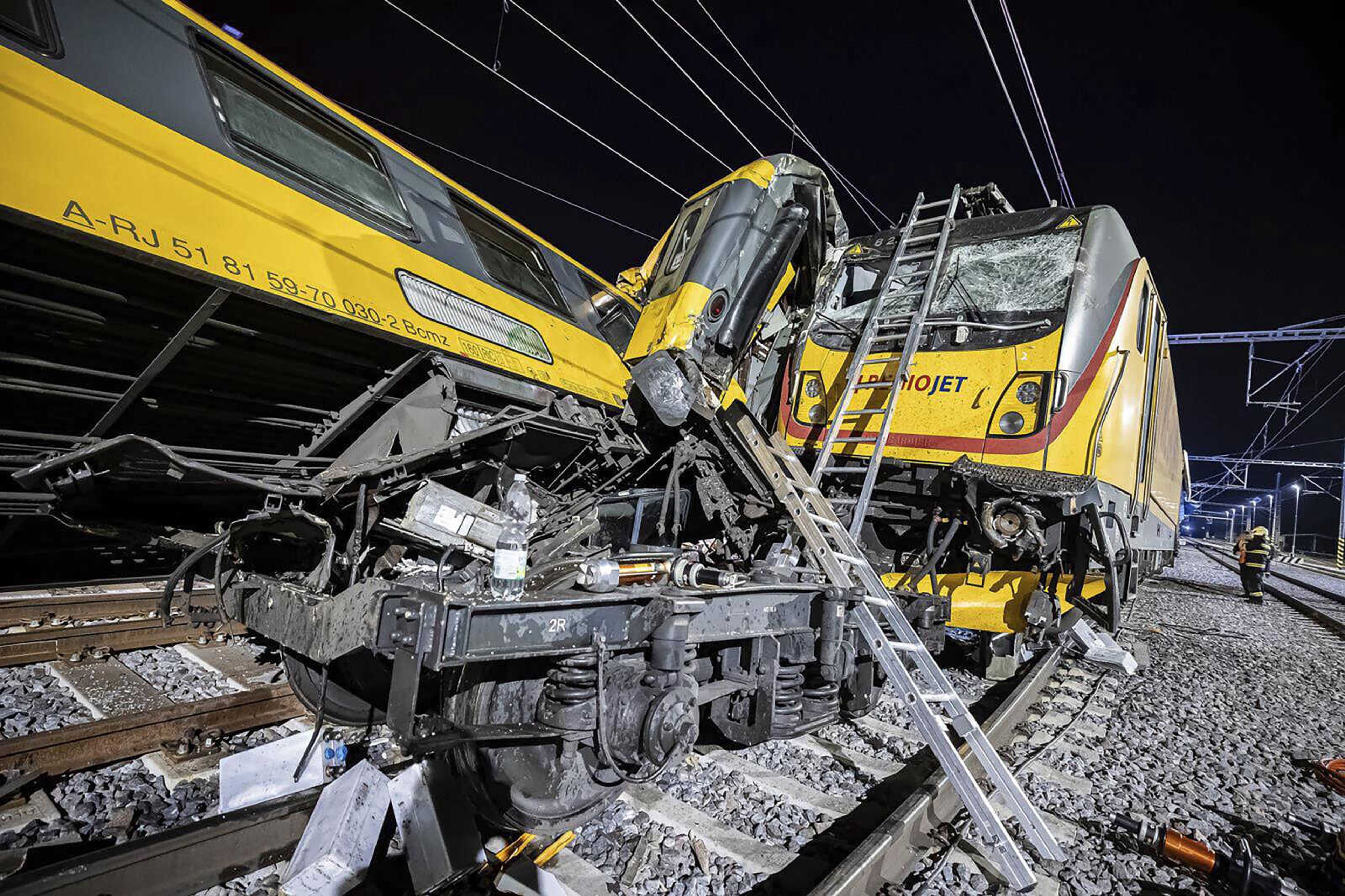 This photo released by Fire Department of Pardubice region shows a collided train in Pardubice, Czech Republic Thursday, June 6, 2024. A passenger train collided head-on with a freight train in the Czech Republic, killing and injuring some people, officials said early Thursday. 