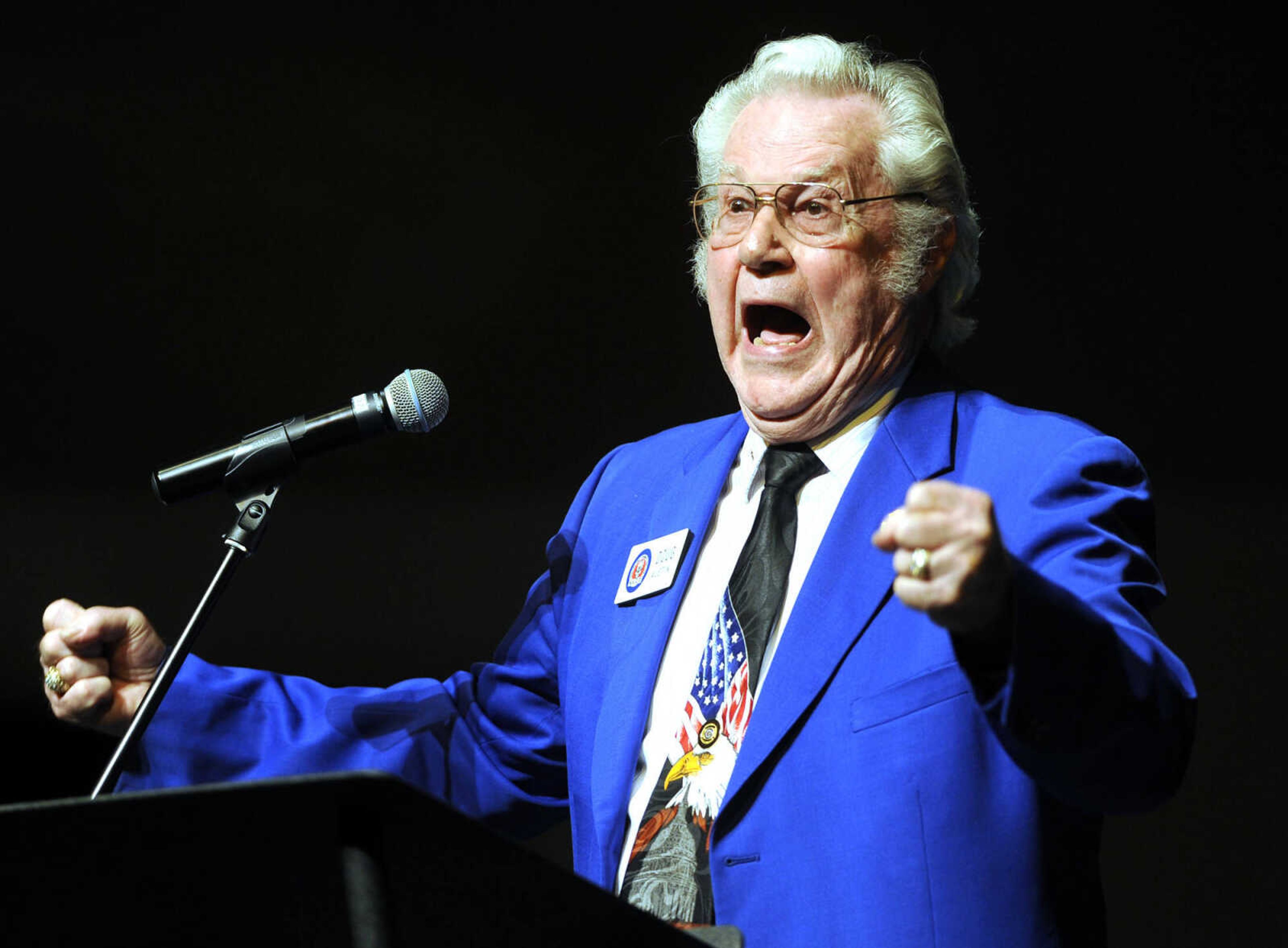 FRED LYNCH ~ flynch@semissourian.com
Doug Austin expresses his emotions on receiving the Roger Fields Award of Excellence with "a Hebrew word...WOW!" on Thursday, May 25, 2017 during the 2017 Law Enforcement Memorial Ceremony at Cape Bible Chapel in Cape Girardeau.