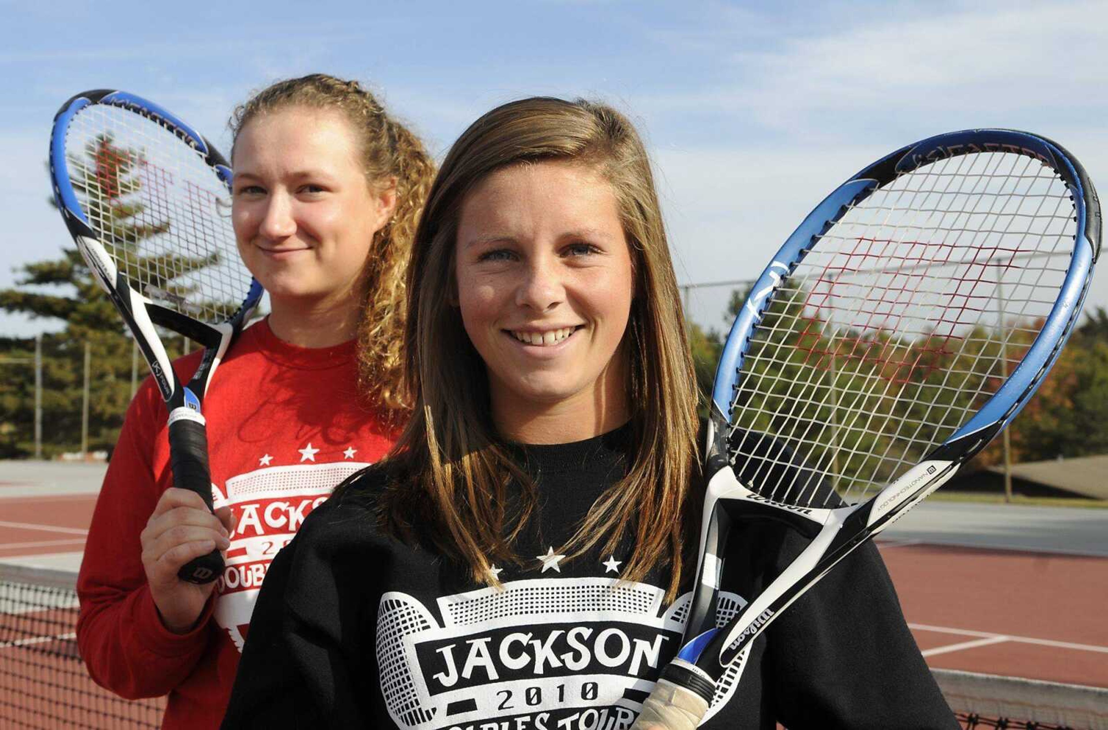 Jackson doubles tennis players Jenny Powell, left, and Montana Adams will compete at the state tennis meet this weekend. The pair, which has an 18-5 record, begins play today. (Kristin Eberts)