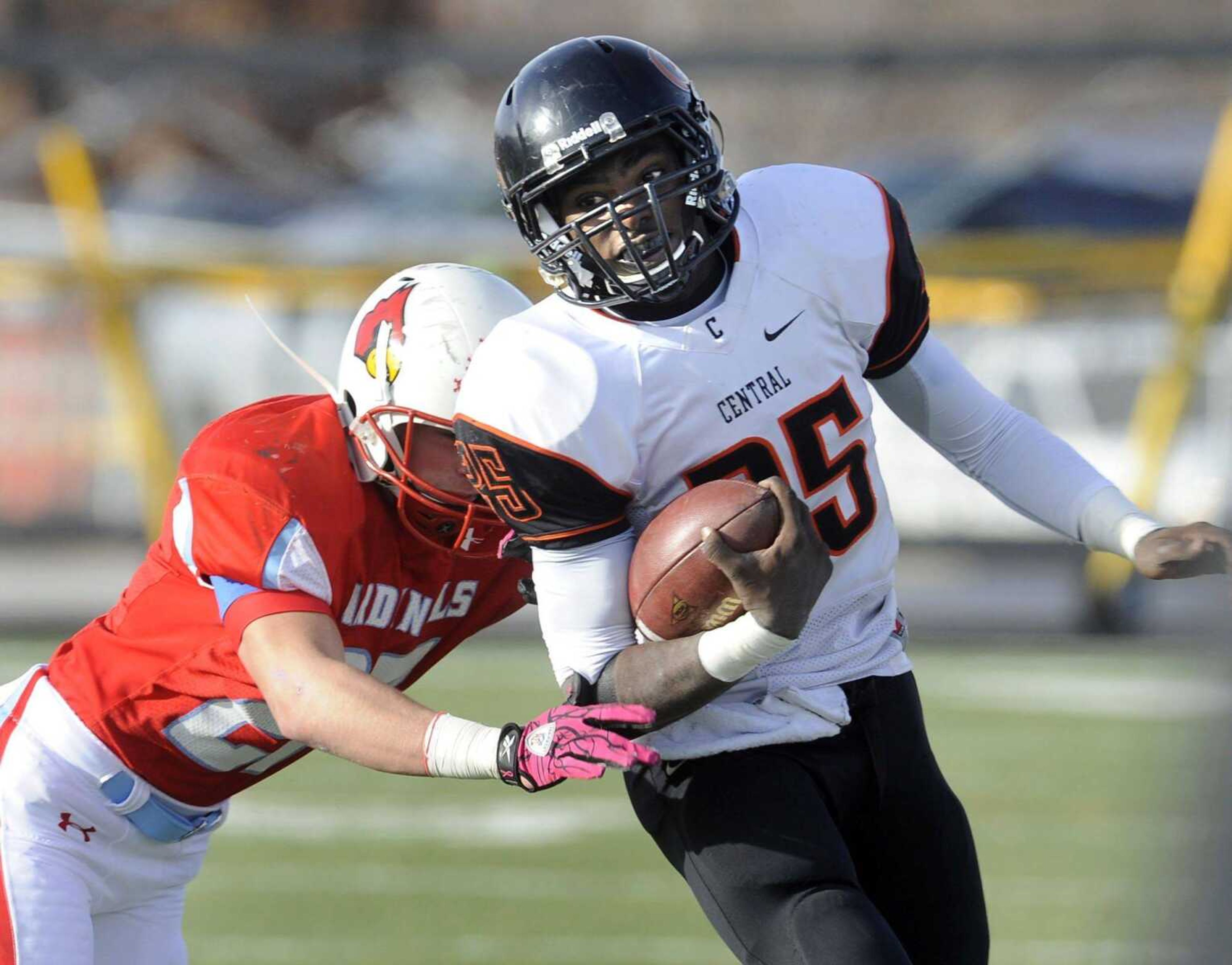 Central&#8217;s Mikey Jones is pushed out of bounds by Webb City&#8217;s Kyle Baldassarre during the third quarter of a Class 4 semifinal Saturday in Webb City, Mo. (Fred Lynch)