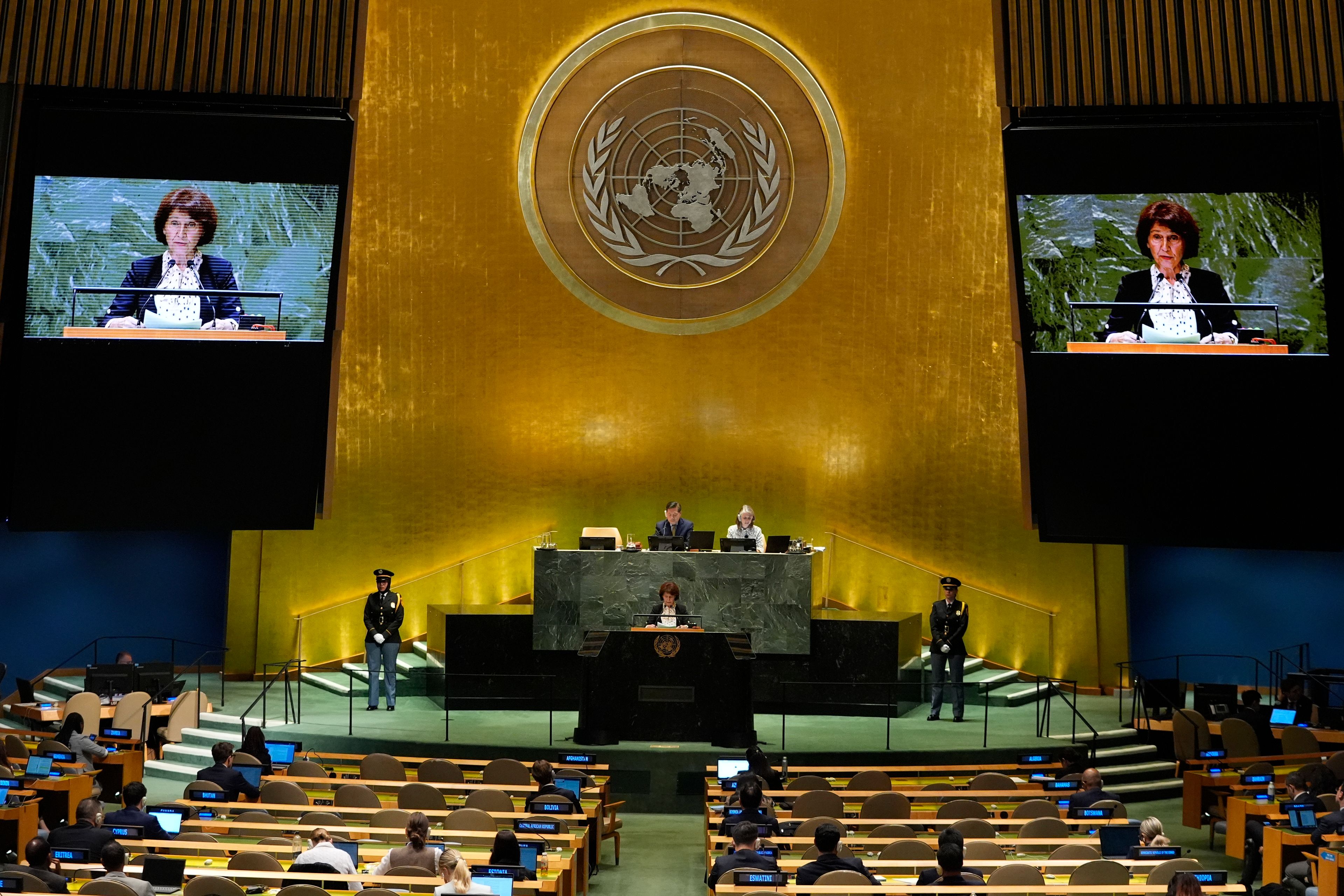 Gordana Siljanovska Davkova, President of North Macedonia, addresses the 79th session of the United Nations General Assembly, Thursday, Sept. 26, 2024, at U.N. headquarters. (AP Photo/Frank Franklin II)