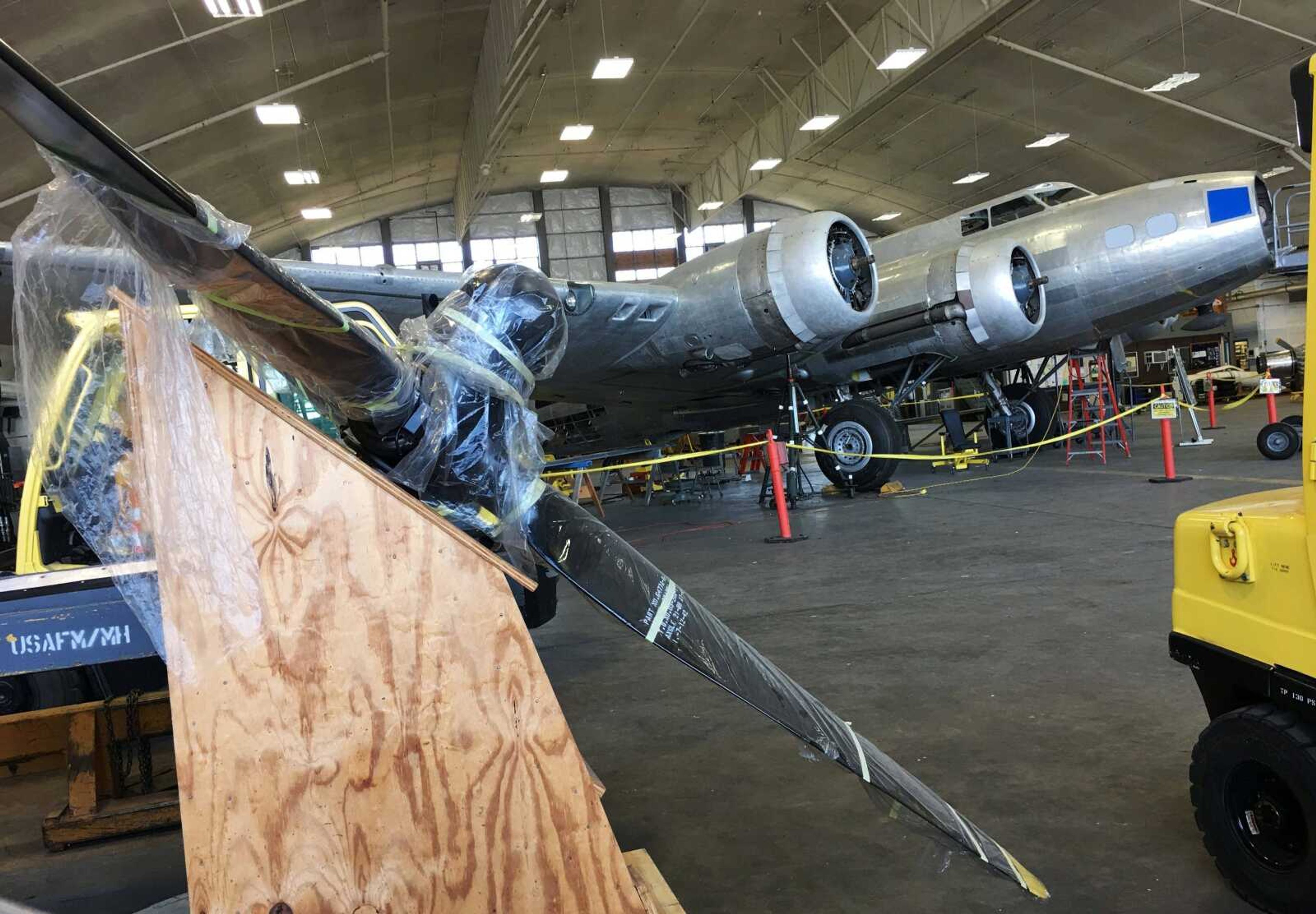 A propeller waits to be installed on the restored World War II B-17 bomber the Memphis Belle near Dayton, Ohio.