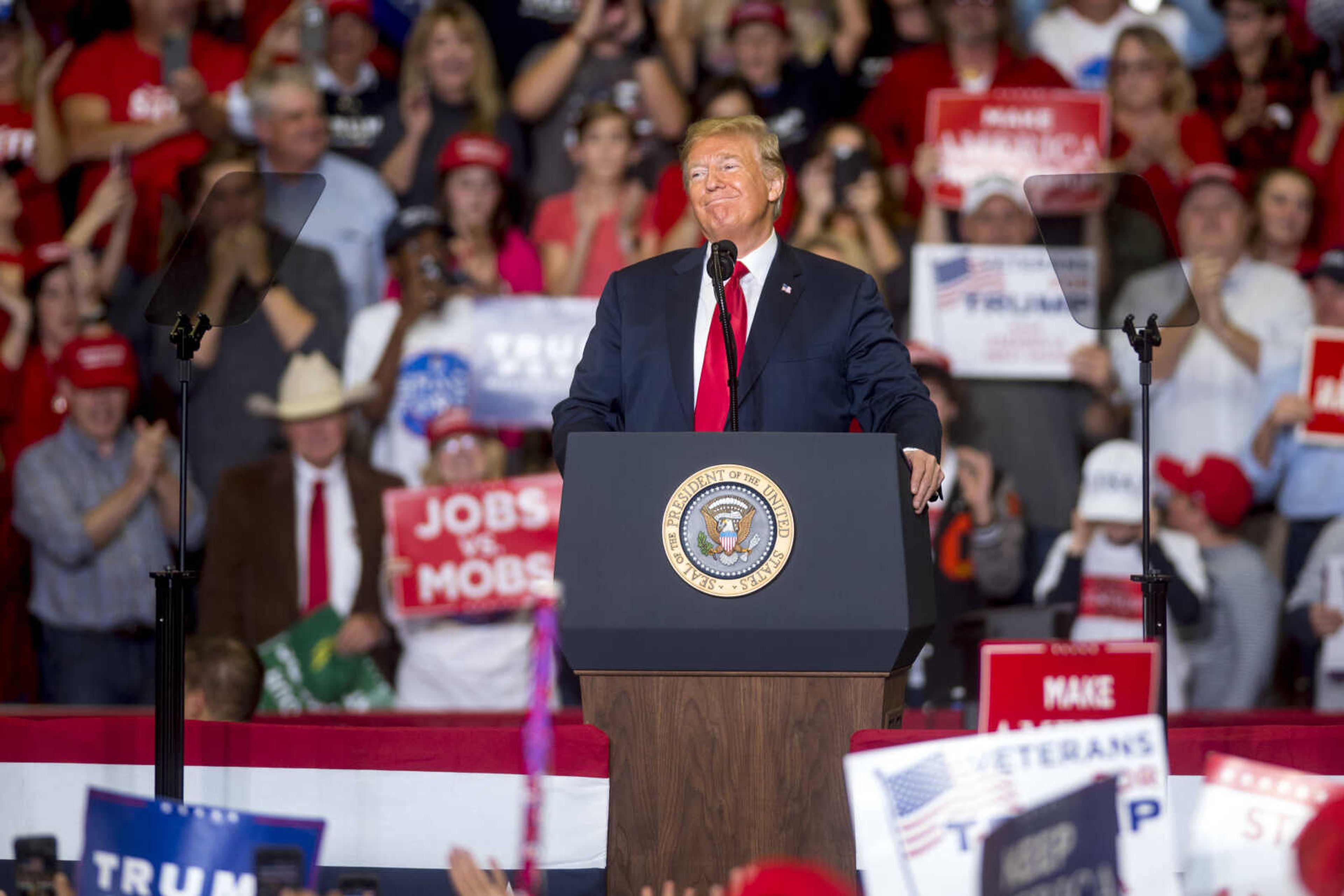 President Donald Trump addresses the crowd at the Show Me Center during a rally Monday.