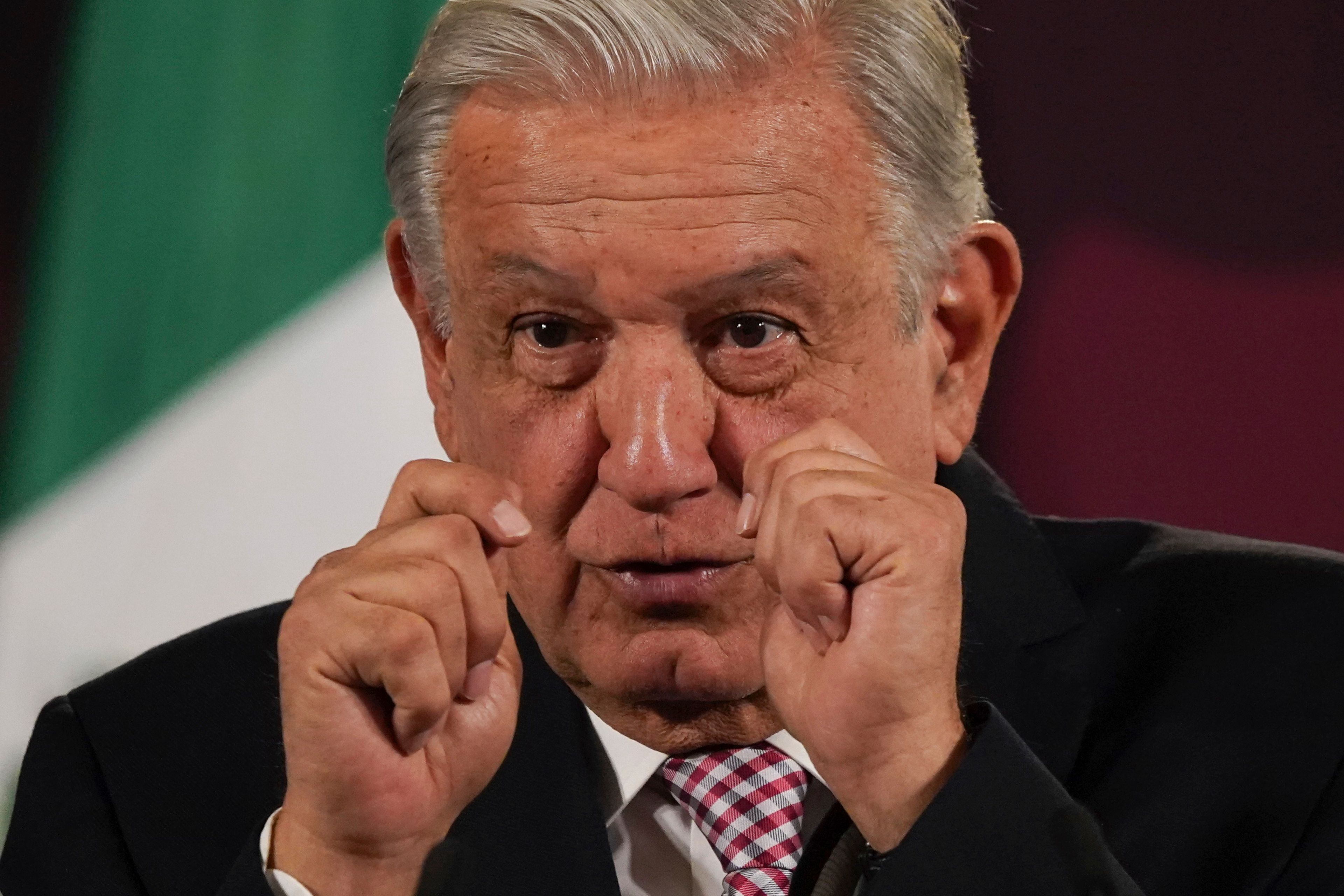 FILE - Mexican President Andres Manuel Lopez Obrador gives his daily, morning press conference at the National Palace in Mexico City, March 1, 2024. (AP Photo/Marco Ugarte, File)