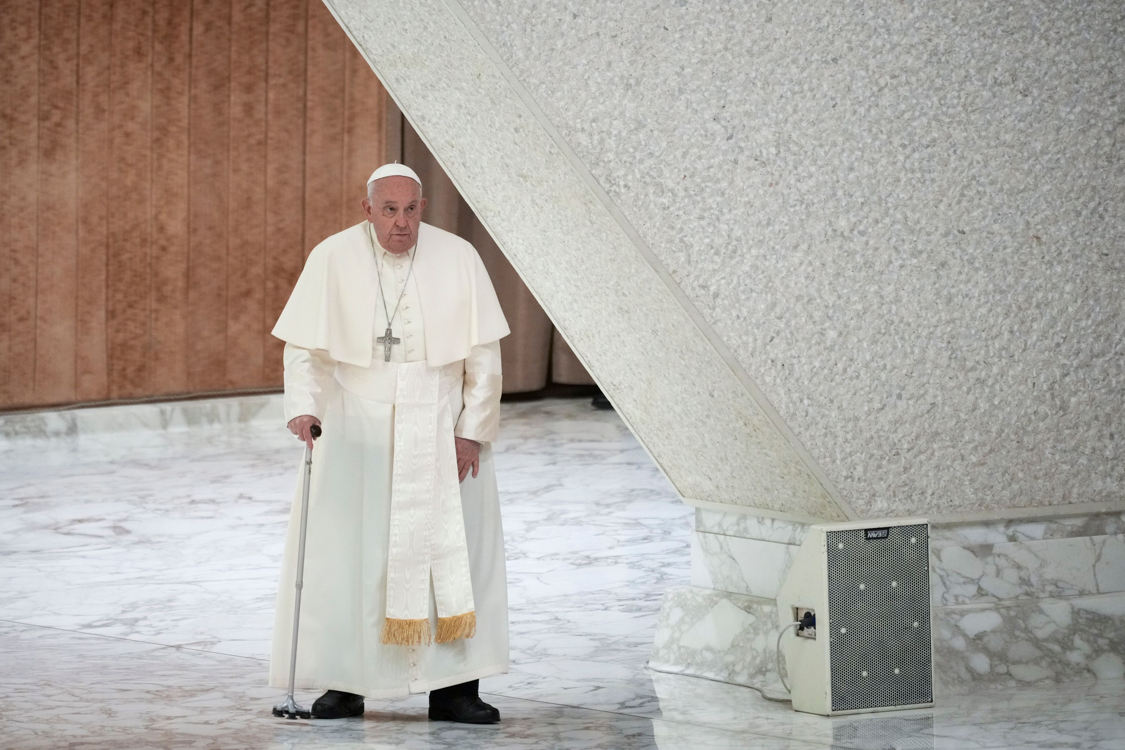 Pope Francis arrives for an audience with fishermen and members of the CEI, Italians Bishops Conference, in the Pope Paul VI hall at the Vatican, Saturday, Nov. 23, 2024. (AP Photo/Andrew Medichini)