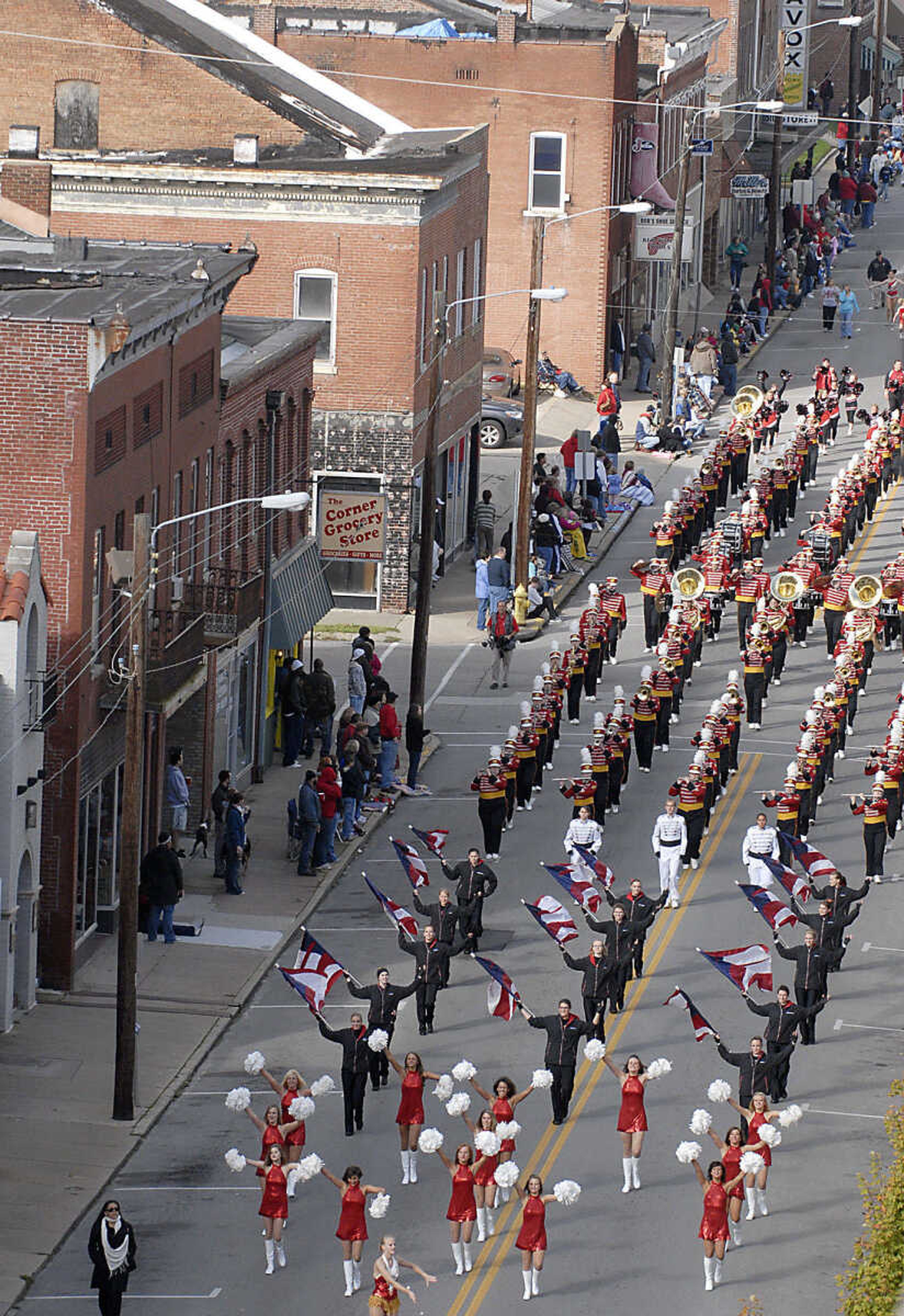 KIT DOYLE ~ kdoyle@semissourian.com
The Golden Eagles march toward the river Saturday morning, October 10, 2009, during the Southeast Missouri State Homecoming parade along Broadway in Cape Girardeau.