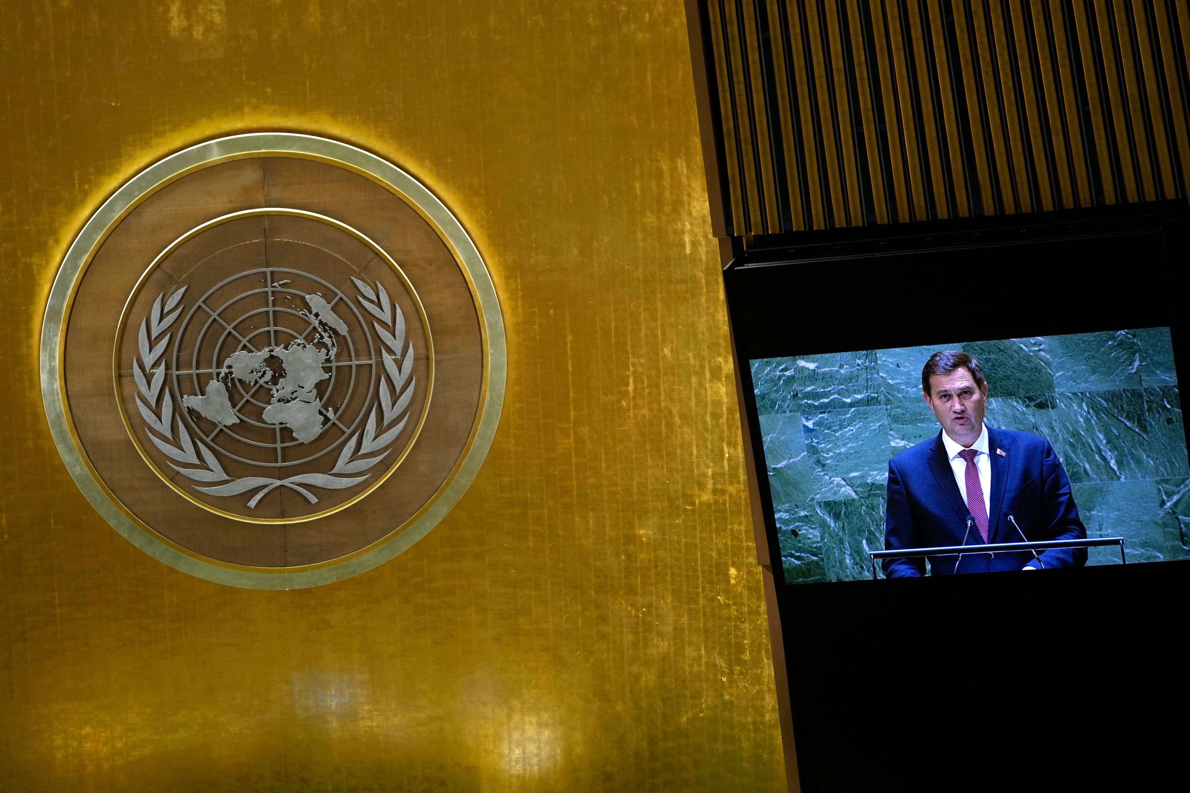 Belarus' Minister for Foreign Affairs Maxim Ryzhenkov addresses the 79th session of the United Nations General Assembly, Saturday, Sept. 28, 2024. (AP Photo/Pamela Smith)