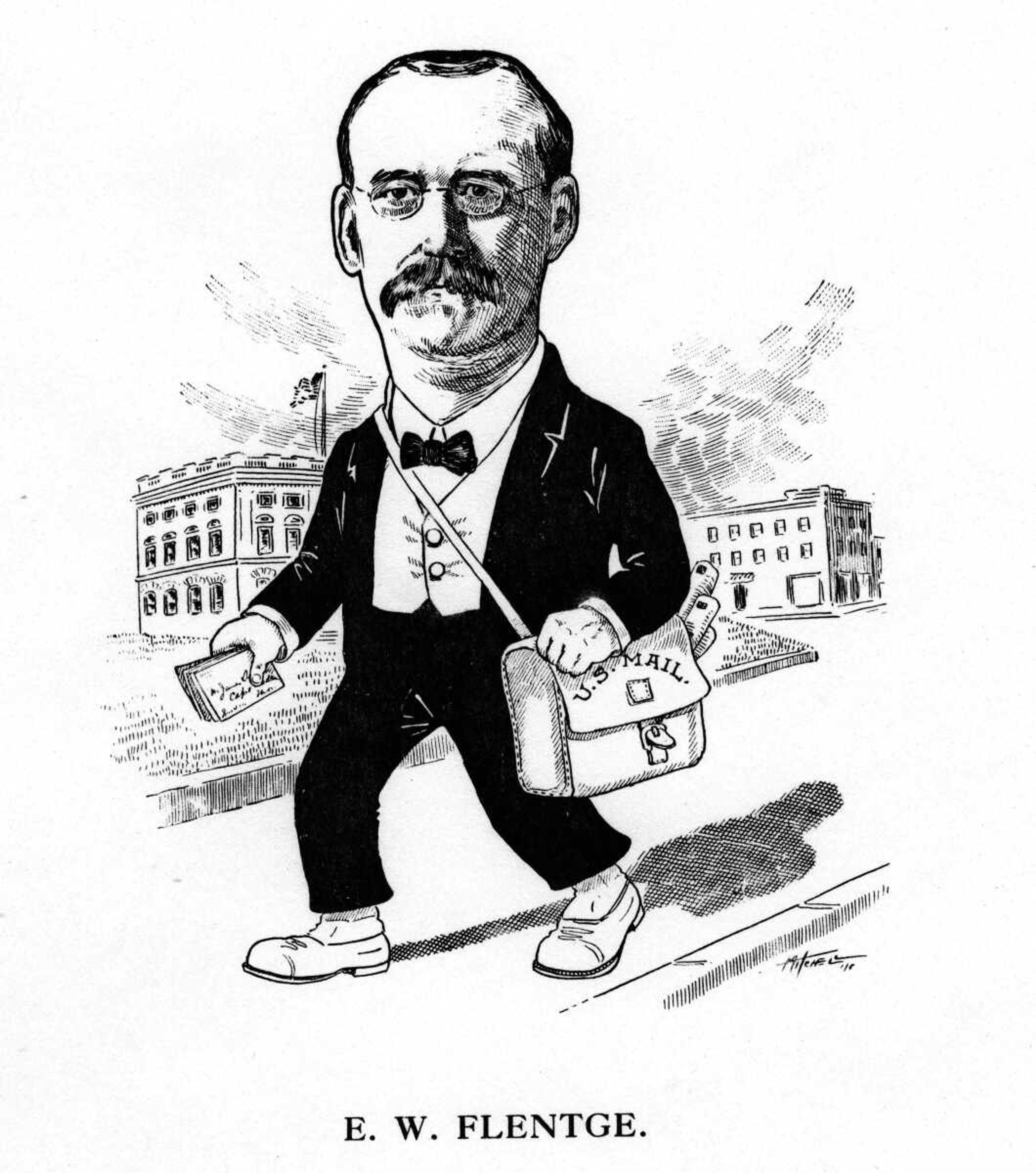 About two years ago when E.W. Flentge's term as postmaster expired there was not an applicant for the place against him. Usually there are a dozen men who want to be appointed postmaster, but the attention given the office by Mr. Flentge sufficed to show others that it would be useless to try for the place. President Taft reappointed Mr. Flentge to a second term just as soon as the papers were presented to him, and the Cape can boast the most enterprising postmaster in the country.
While there is a great amount of work connected with such an office, Mr. Flentge sees that it is kept up first and then devotes the balance of his time to the upbuilding of Cape Girardeau. It is mighty seldom that he misses a Commercial club meeting, and it's mighty seldom that a soliciting committee, or a committee of any sort, is appointed that he is not on it. And there is never a time that he refuses to act. No man in Cape Girardeau gives more of his time and money to public affairs than E.W. Flentge and for this reason no citizen stands higher in the estimation of the people.