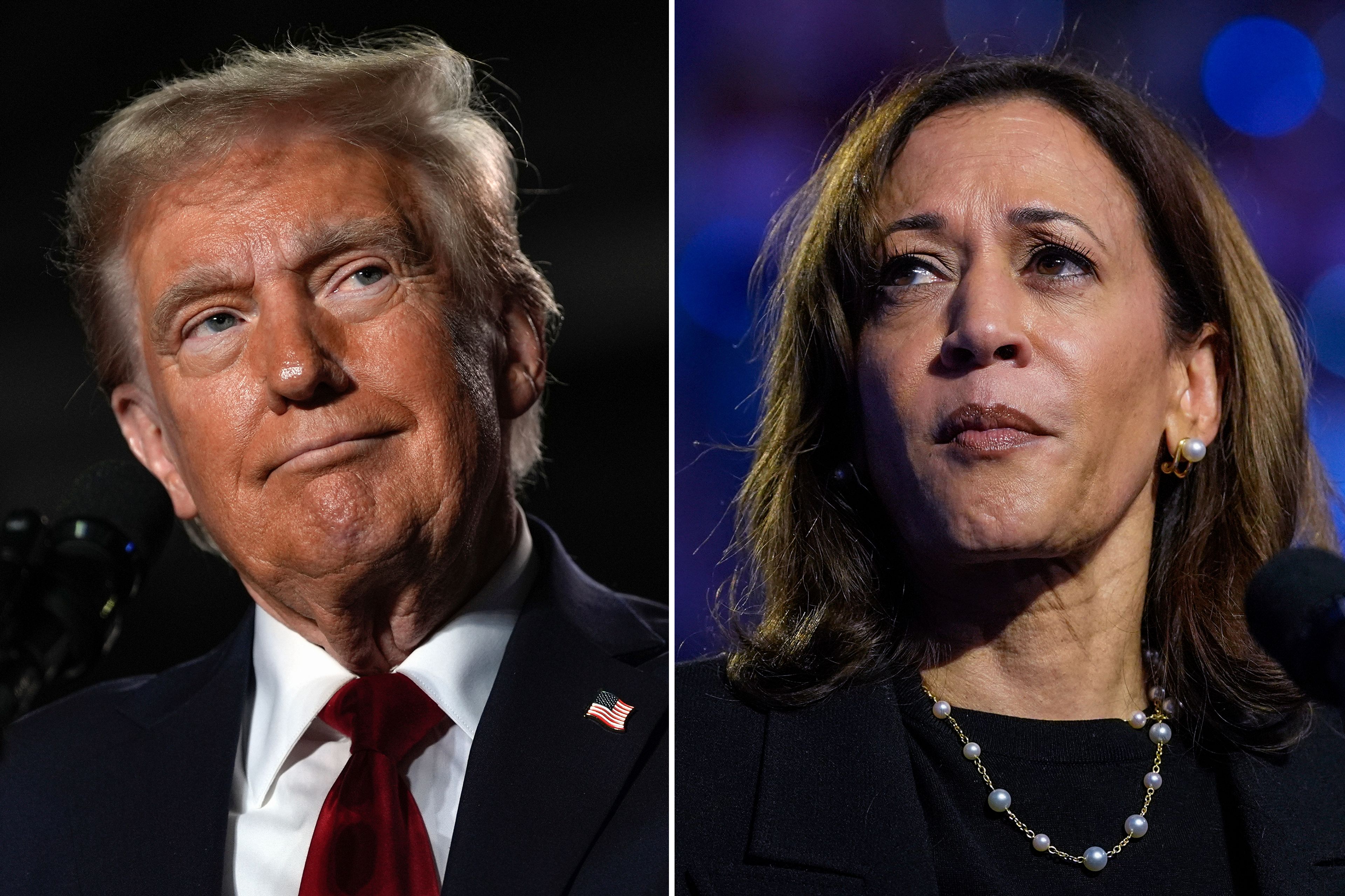 This combination of file photos shows Republican presidential nominee former President Donald Trump speaking a campaign rally in Warren, Mich., on Nov. 1, 2024, and Democratic presidential nominee Vice President Kamala Harris, left, speaking at a campaign rally in Madison, Wis., on Oct. 30, 2024. (AP Photo)