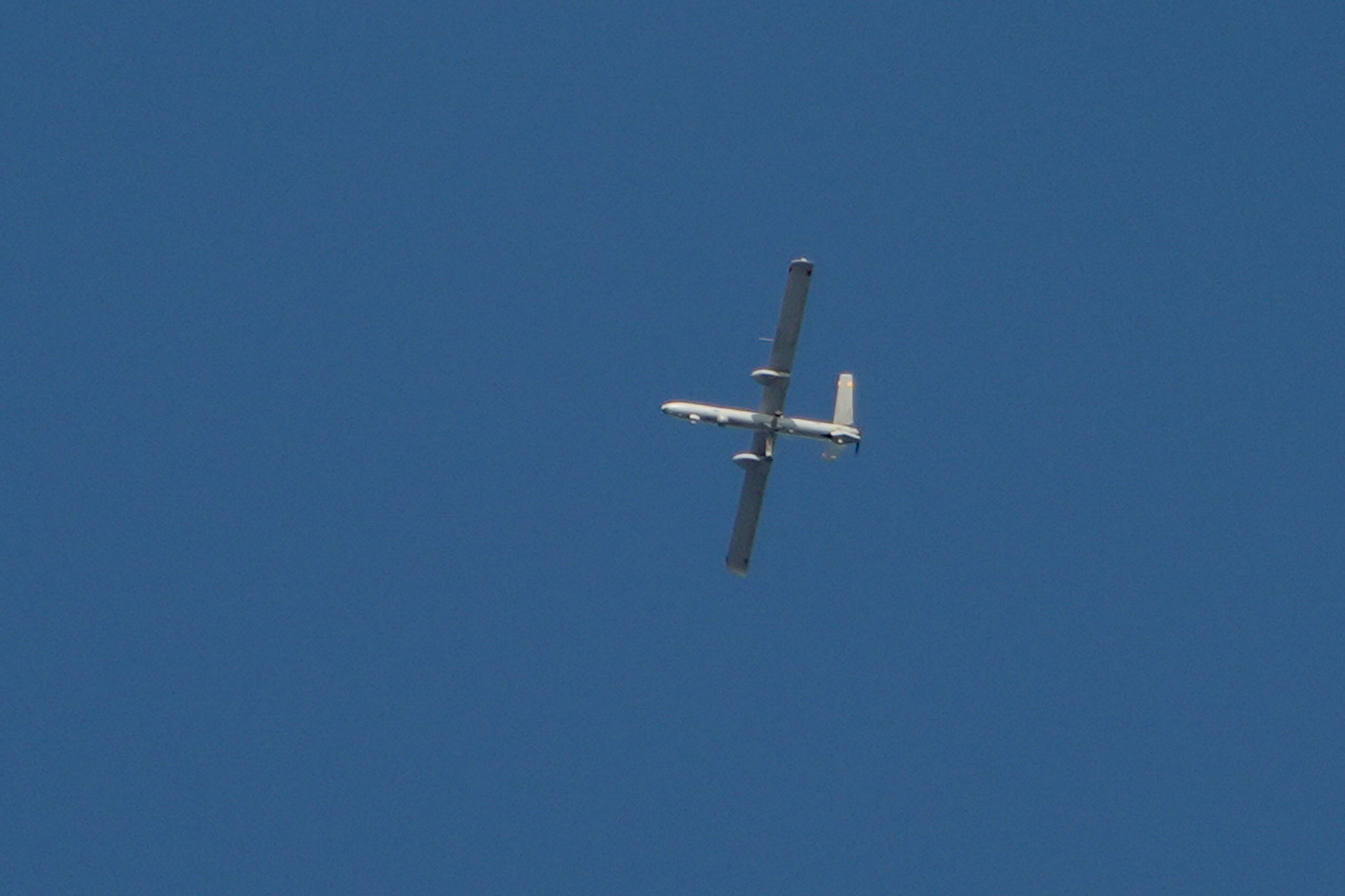 An Israeli drone flies over Dahiyeh, in the southern suburb of Beirut, Lebanon, Saturday, Nov. 16, 2024. (AP Photo/Bilal Hussein)