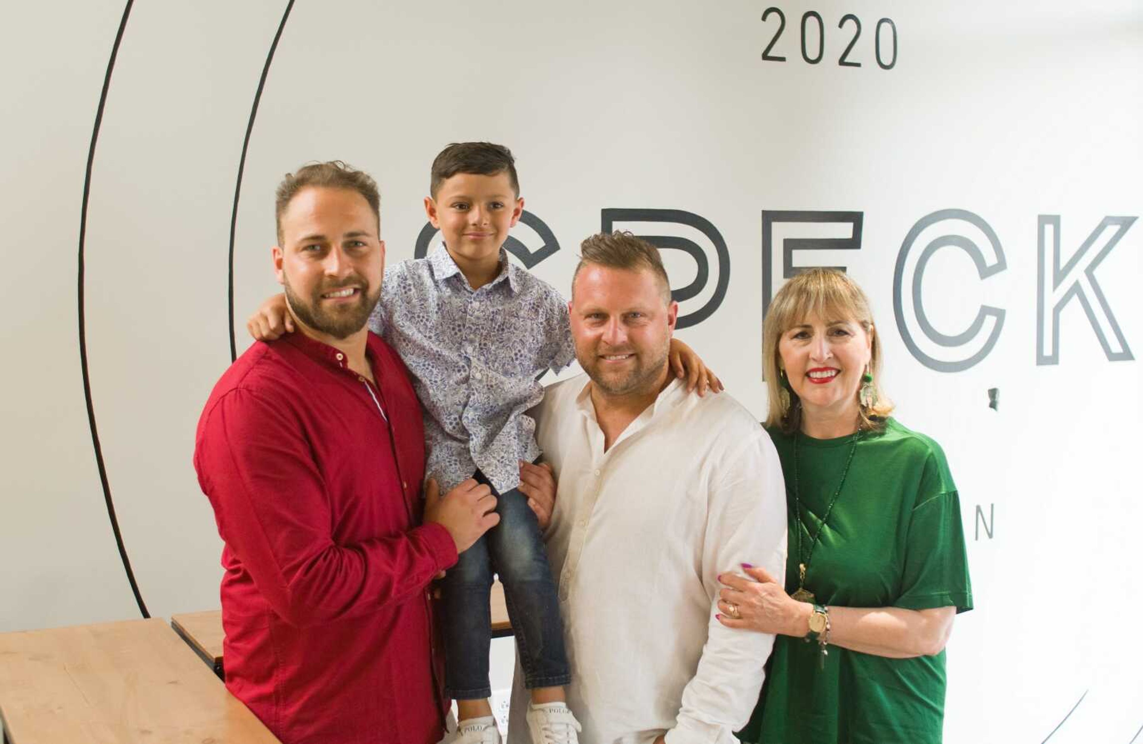 Speck's Gabriele Ruggieri, second from right, with members of his family -- from left, Ruggieri's brother, Sergio; his son, Lorenzo; Ruggieri; and his mother, Rita. The restaurant, in Scout Hall on Broadway in Cape Girardeau, is expected to open Sept. 1.