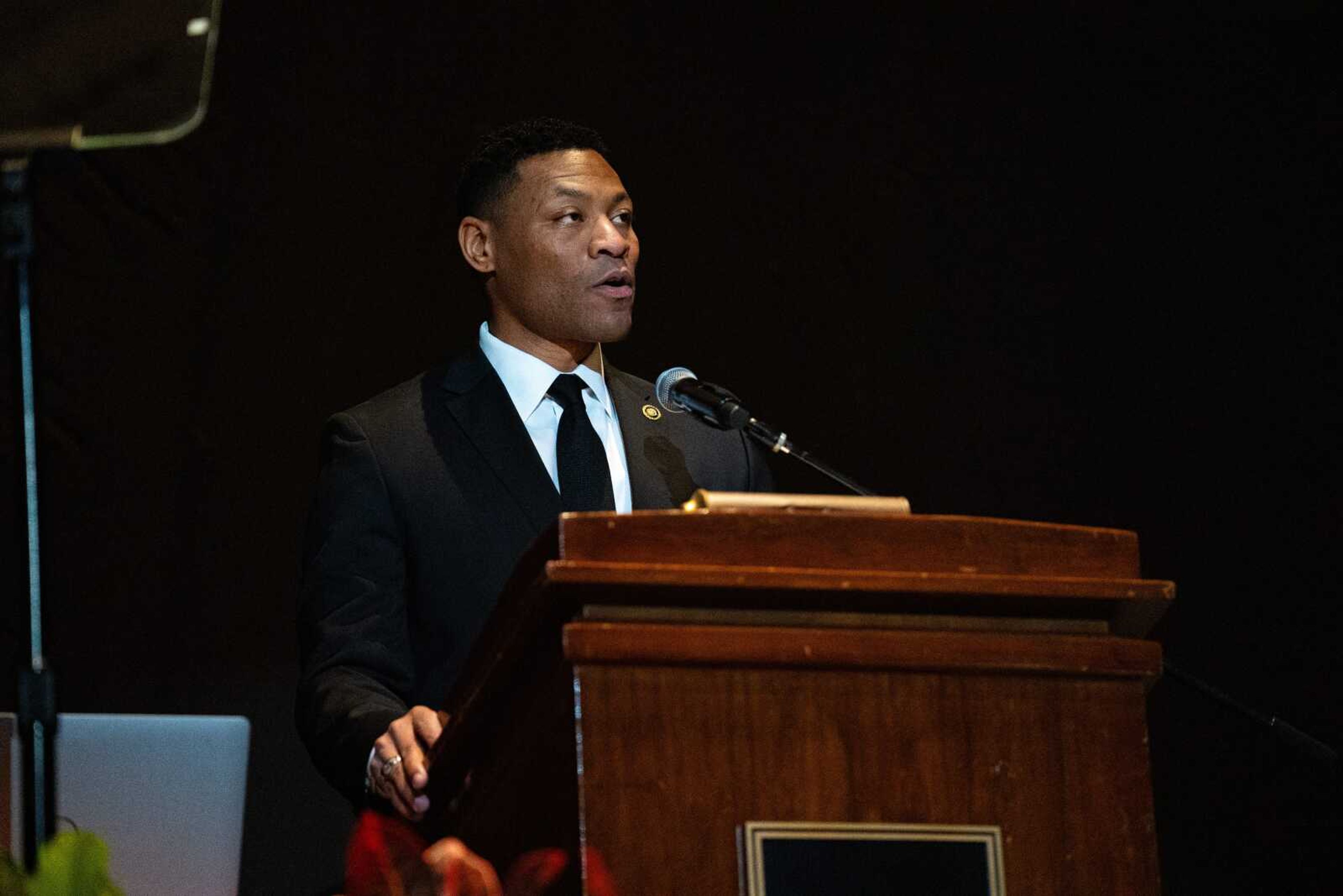 State Sen. Brian Williams speaks on unity in his keynote speech at the Southeast Missouri State University Martin Luther King Jr. Celebration Dinner on Wednesday, Jan. 17, at the Show Me Center in Cape Girardeau. The theme of this year’s dinner was “Building CommUNITY Through Service”.