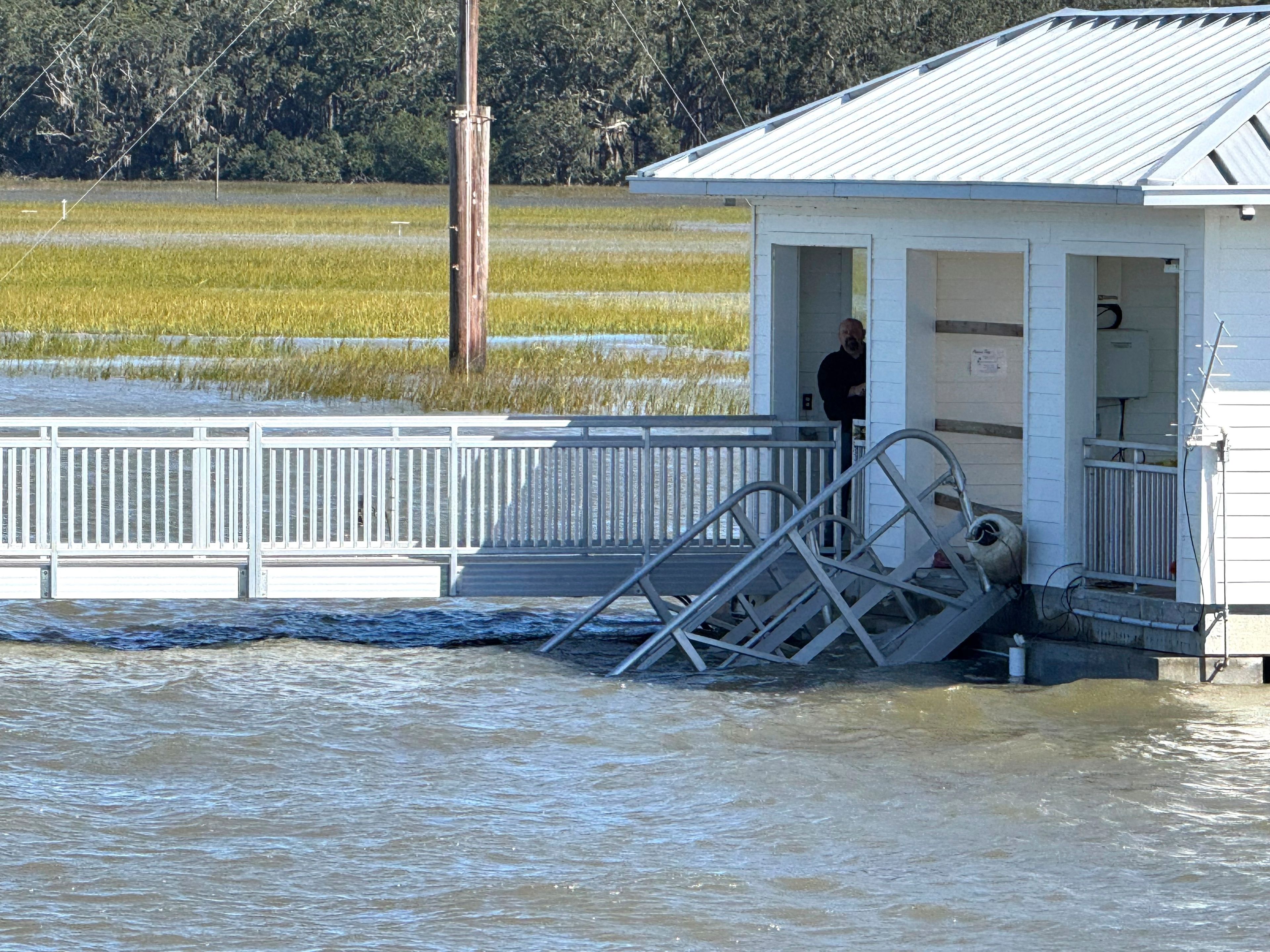 FILE - A portion of the collapsed gangway remains visible on Sapelo Island in McIntosh County, Ga., on Sunday, Oct. 20, 2024. (AP Photo/Lewis Levine, File)