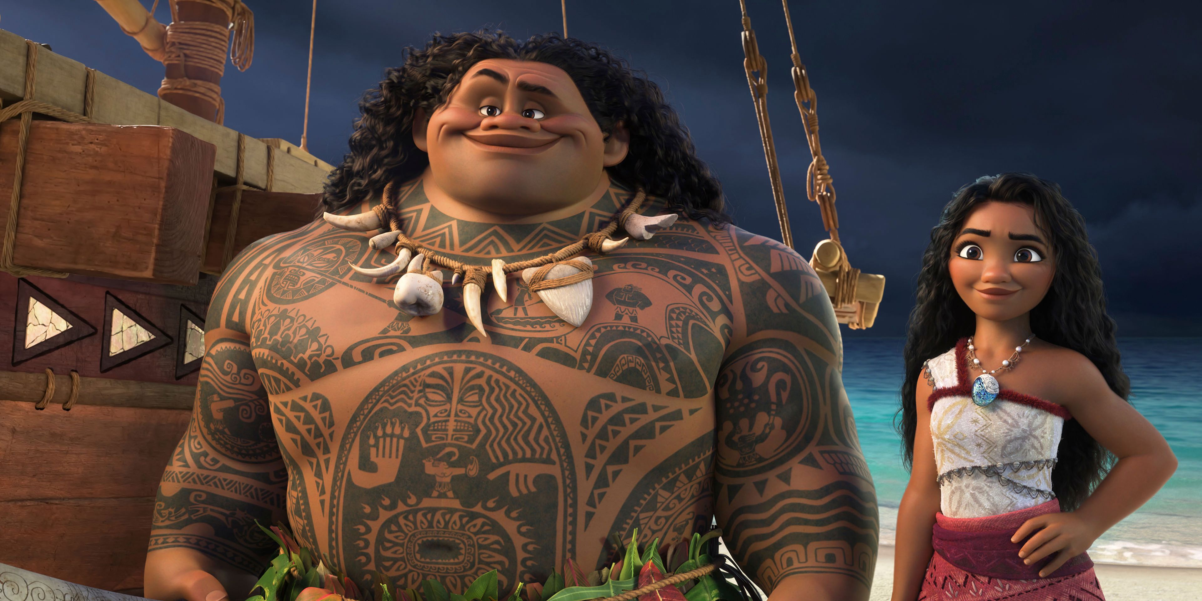 This image released by Disney shows the characters Maui, voiced by Dwayne Johnson, left, and Moana, voiced by Auli'i Cravalho, in a scene from "Moana 2." (Disney via AP)