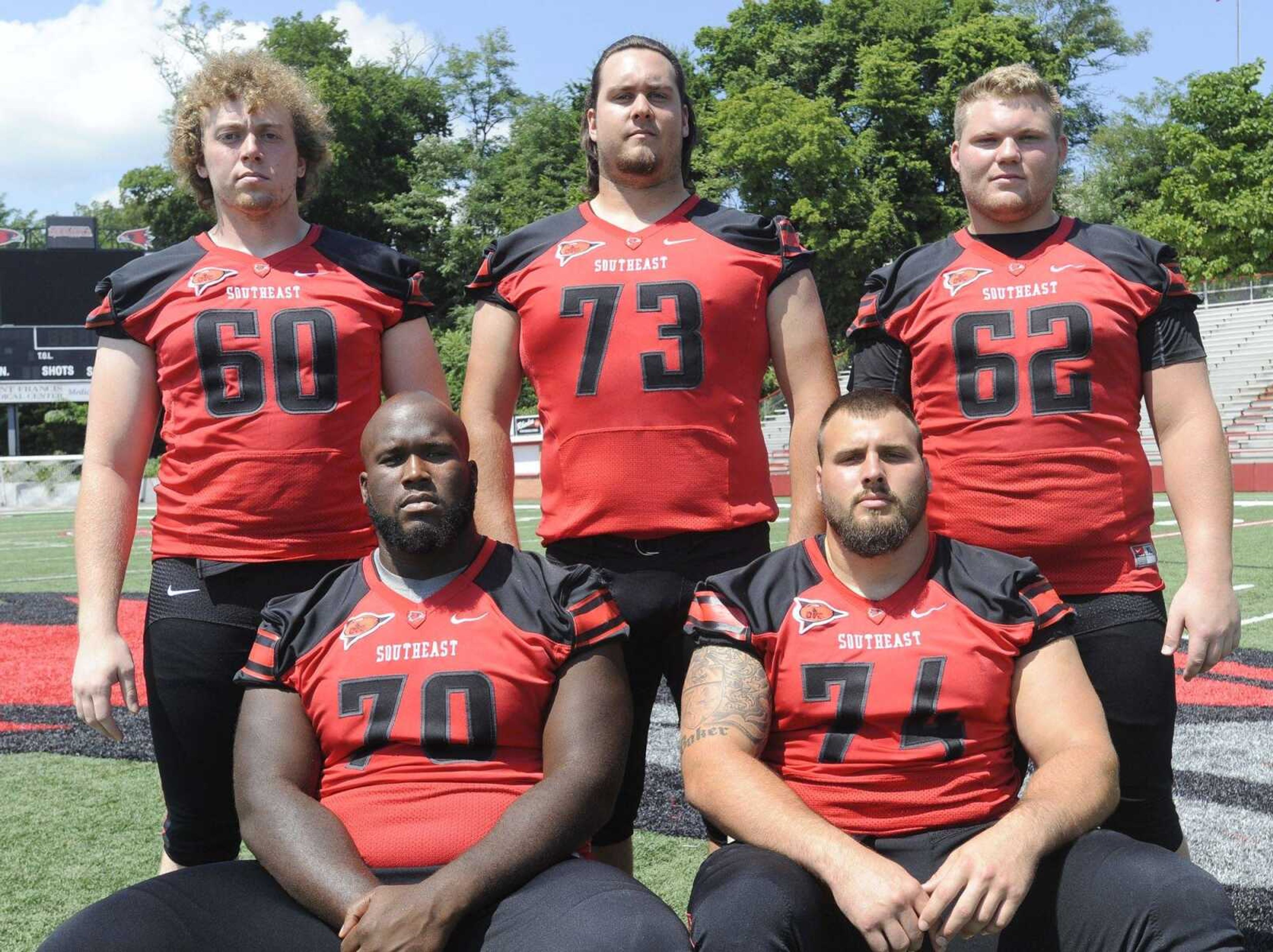 From left to right, front: offensive linemen Traven Mable, Garret Baker; back: Michael Cooke, Alex Snyder, Jake McCandless. (Fred Lynch)