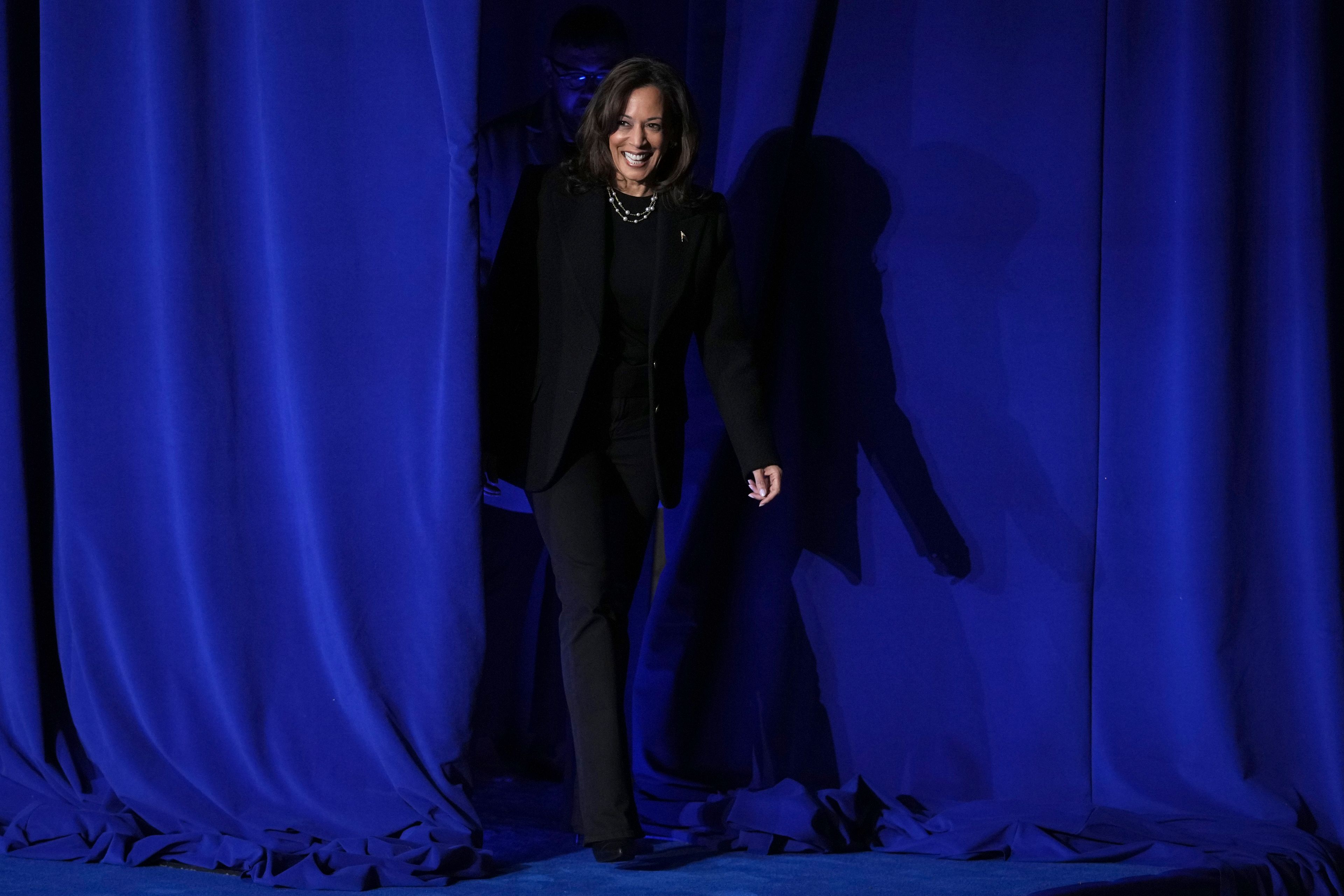 Democratic presidential nominee Vice President Kamala Harris arrives to speak during a campaign rally in Memorial Hall at Muhlenberg College in Allentown, Pa., Monday, Nov. 4, 2024. (AP Photo/Susan Walsh)