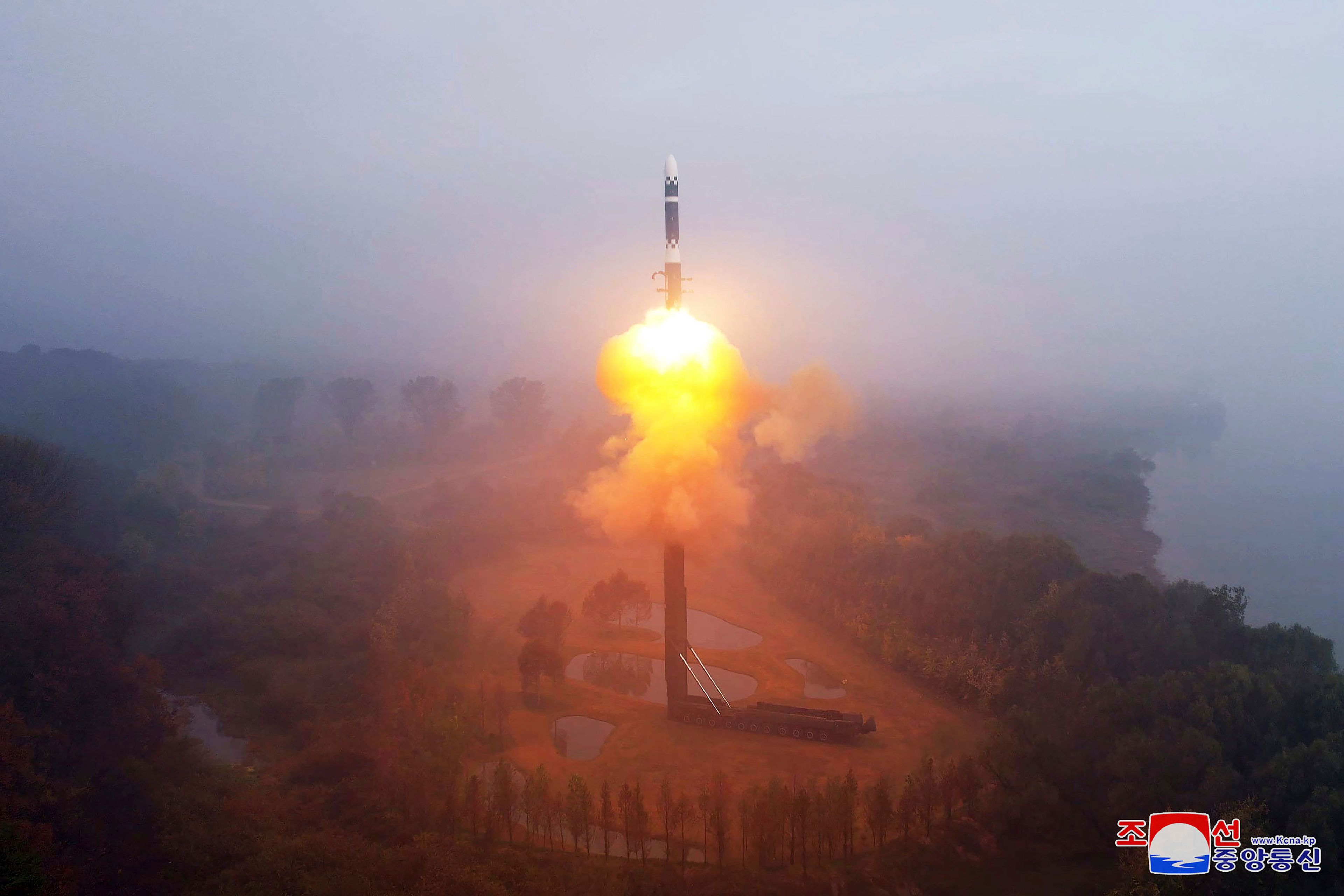 This photo provided by the North Korean government, shows what it says a test launch of new intercontinental ballistic missile "Hwasong-19" at an undisclosed place in North Korea Thursday, Oct. 31, 2024. Independent journalists were not given access to cover the event depicted in this image distributed by the North Korean government. The content of this image is as provided and cannot be independently verified. Korean language watermark on image as provided by source reads: "KCNA" which is the abbreviation for Korean Central News Agency. (Korean Central News Agency/Korea News Service via AP)