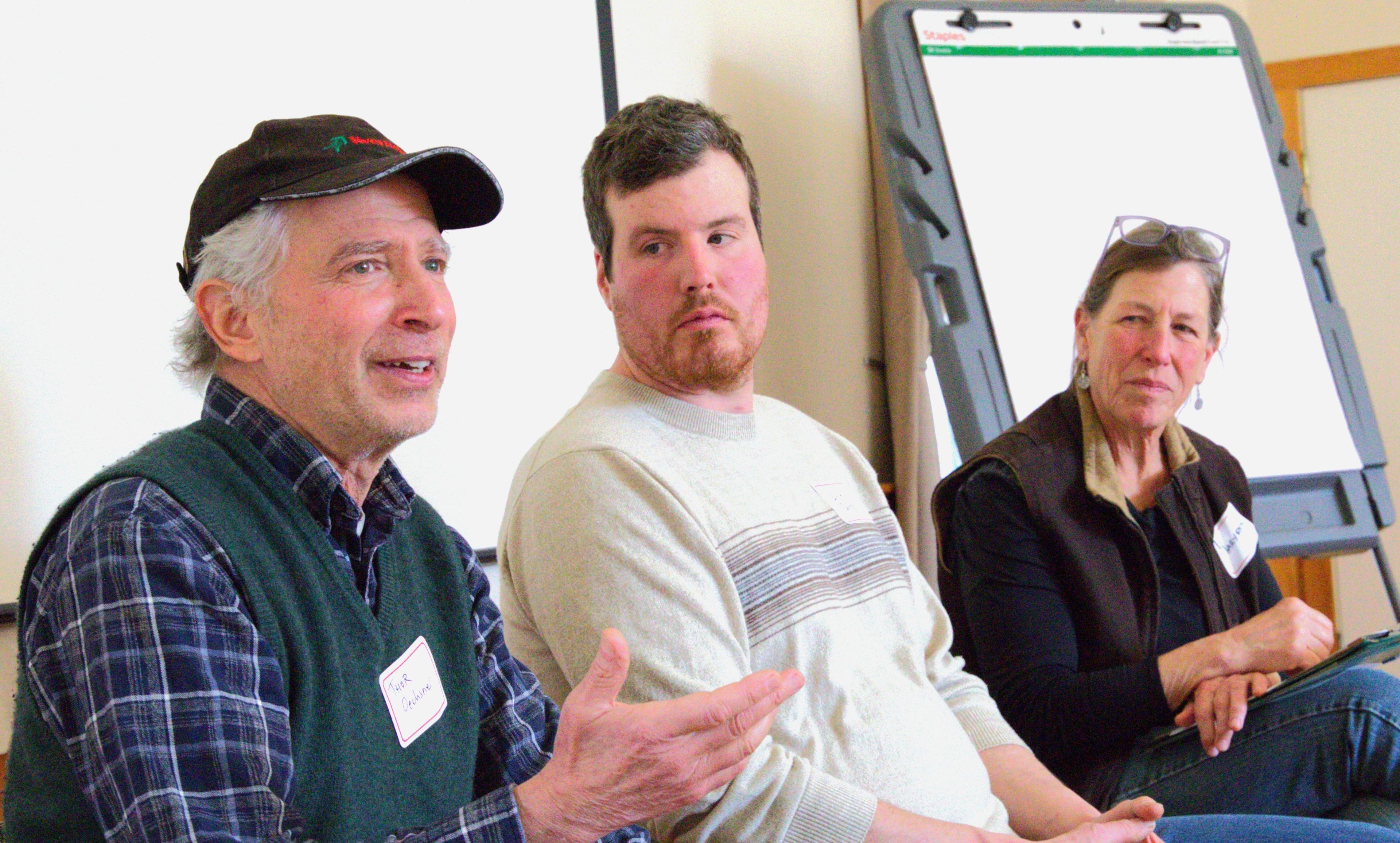 Three farmers facing very different challenges spoke at a panel discussion during the 2026 Tompkins County Ag Summit at Foundation of Light in Ithaca. From left to right: Thor Oechsner  of Oechsner Farms, Eric Carey of the Carey Farm in Groton, and Mary Rose Livingston of Northland Sheep Dairy. 