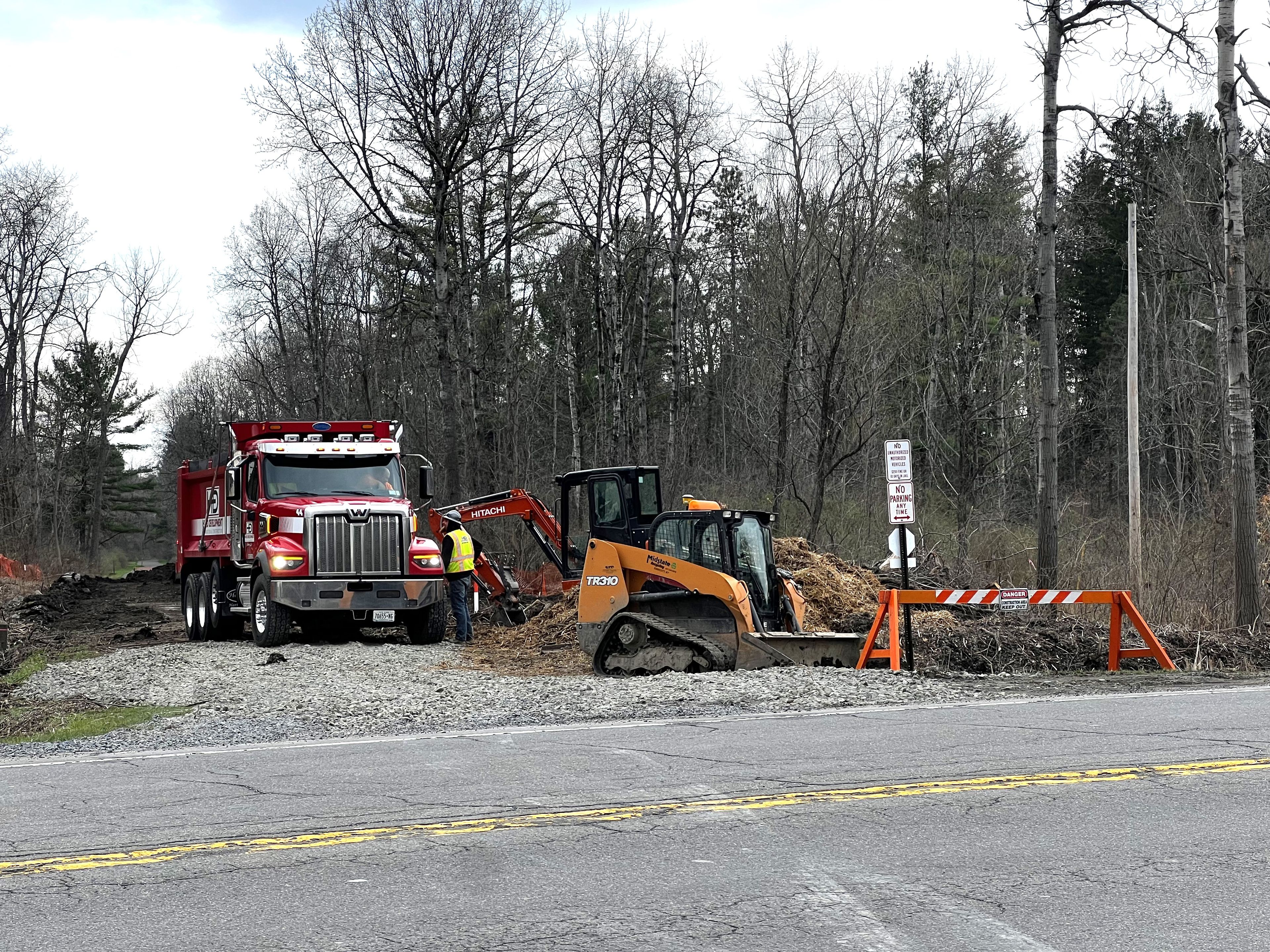Construction vehicles were busy April 13 at the worksite for the new Route 13 pedestrian and bicycle bridge along the Dryden Rail Trail, where work began April 9 and is expected to finish this fall.