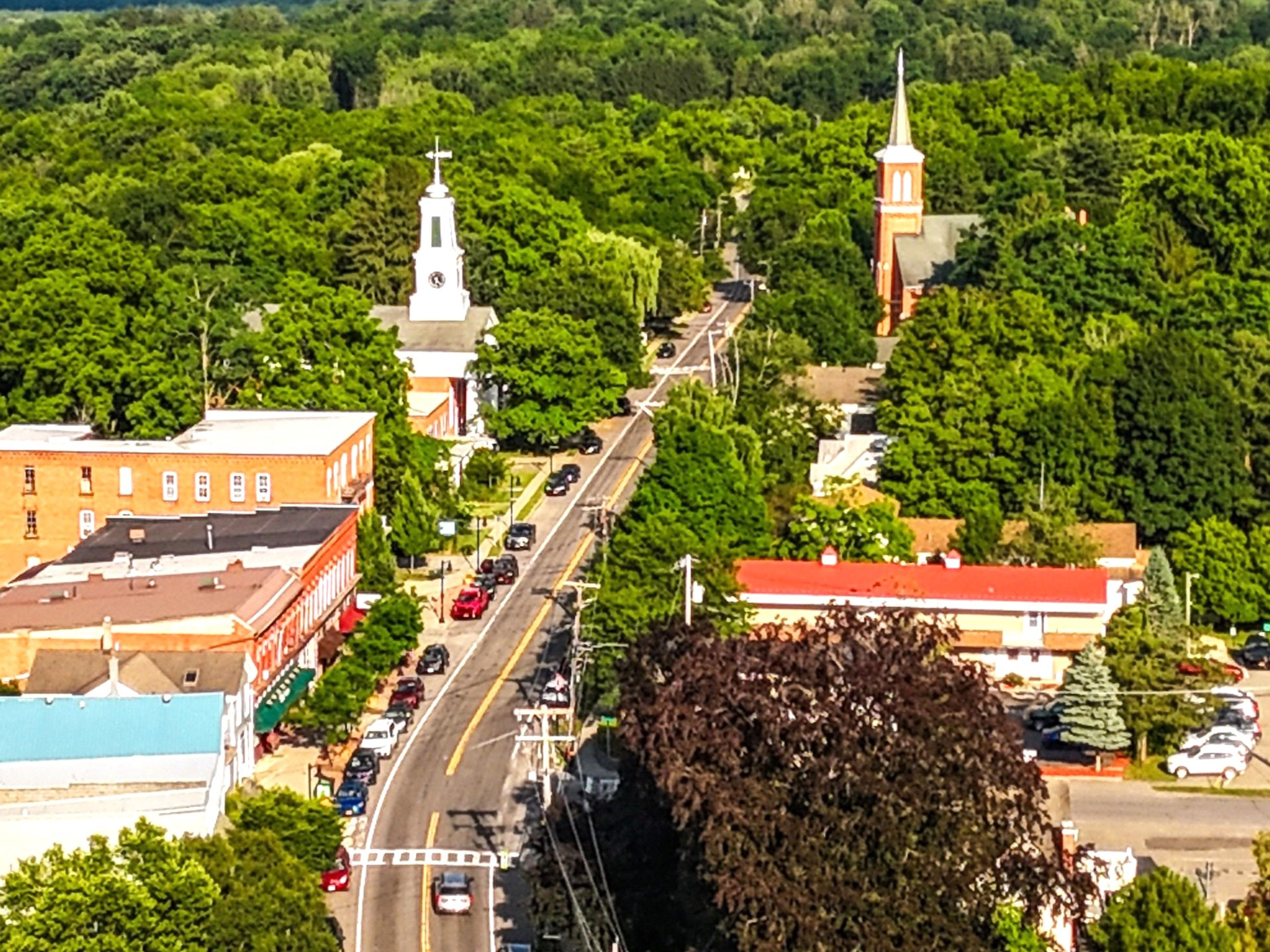 An aerial view of Main Street in Trumansburg, where automatic license plate reader cameras are installed as village officials weigh whether to renew their contract with Flock Safety.
