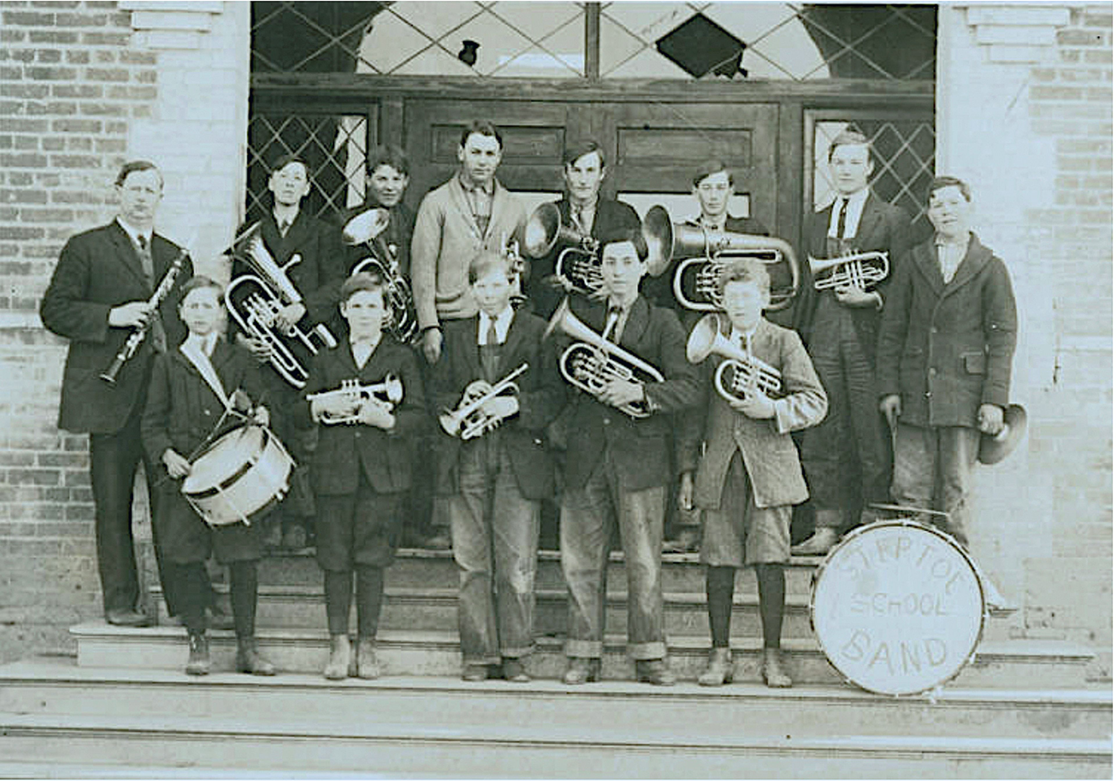 The Steptoe Band after a performance at Sunset High School during the 1917-18 school year. Note the absence of girls. Band formed in 1913 and Orchestra in 1917 at Steptoe School.