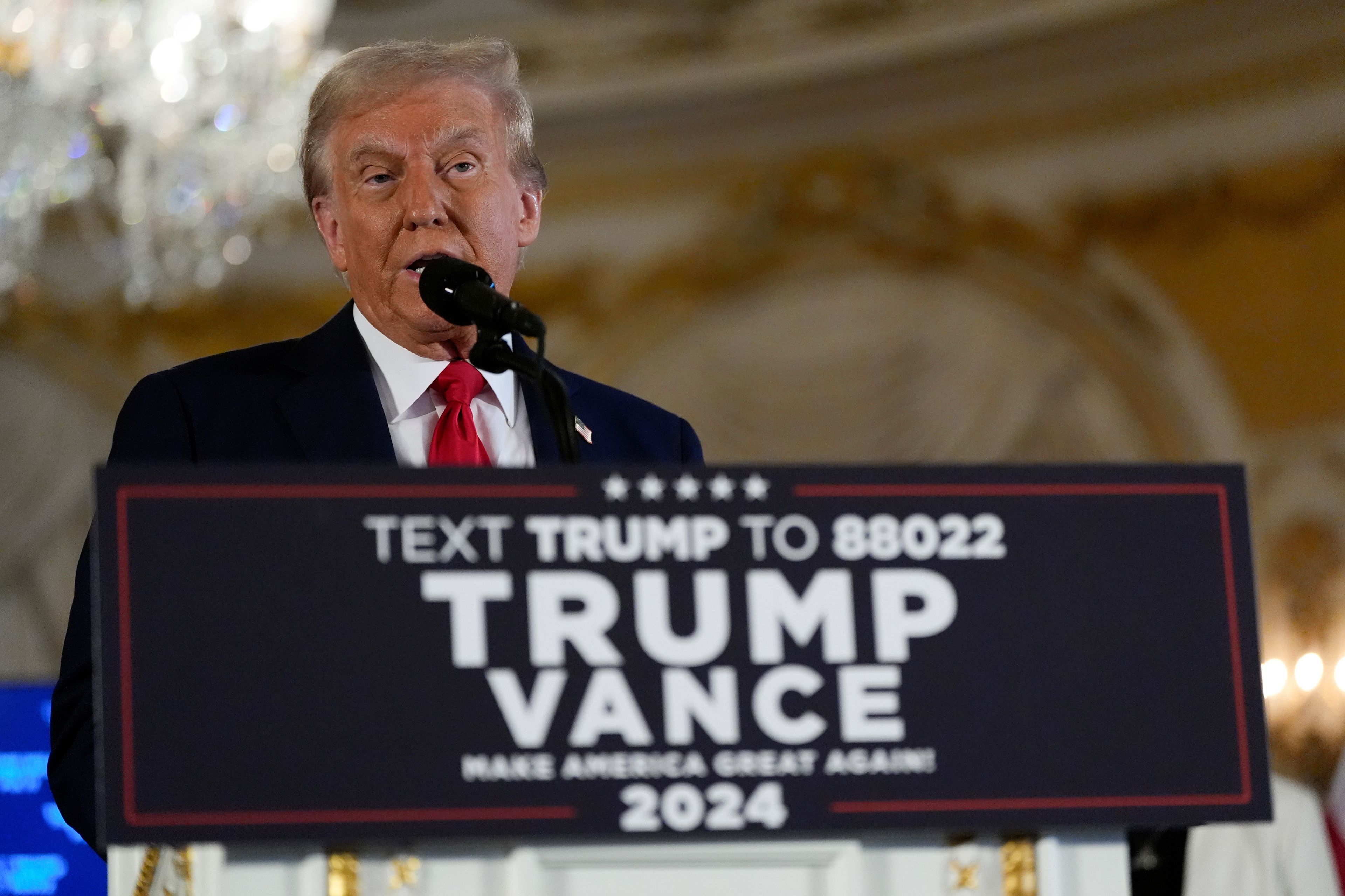 Republican presidential nominee former President Donald Trump speaks during a news conference at his Mar-a-Lago estate, Tuesday, Oct. 29, 2024, in Palm Beach, Fla. (AP Photo/Julia Demaree Nikhinson)