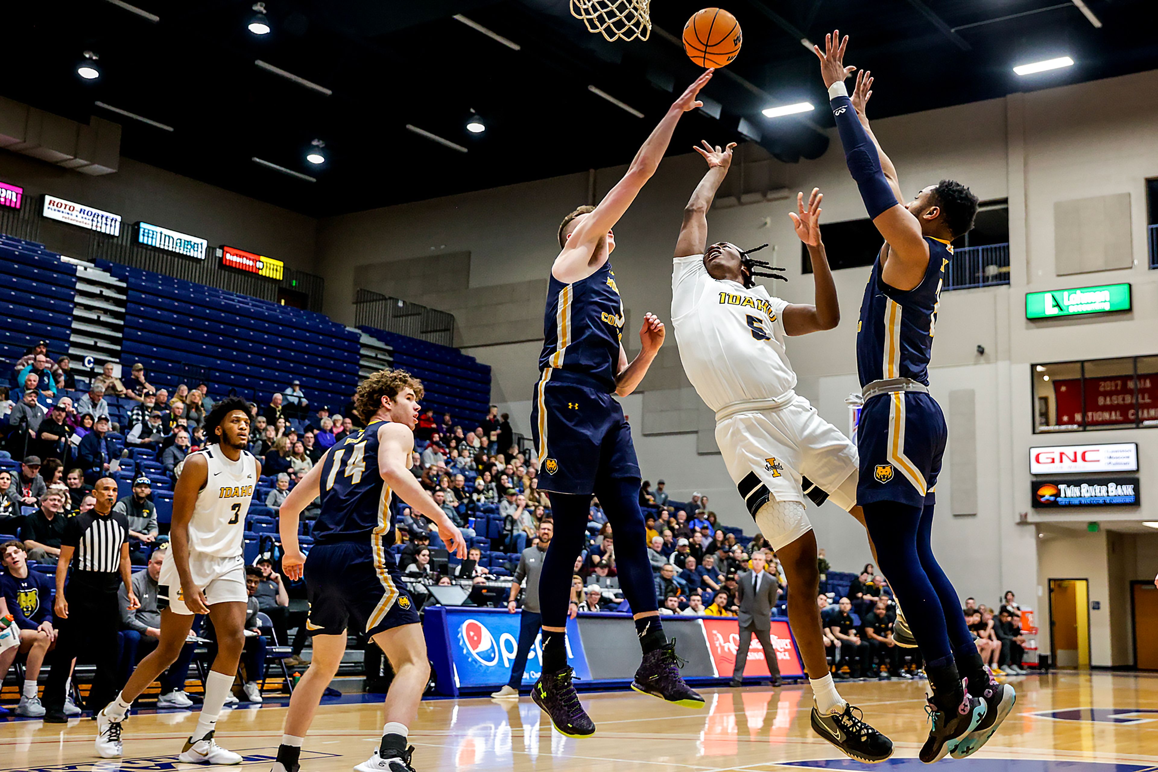 Idaho guard Dominique Ford leaps towards the basket for a shot as Northern Colorado guard Dalton Knecht guards him in a Big Sky game at the P1FCU Activity Center on the Lewis-Clark State College campus Thursday in Lewiston.