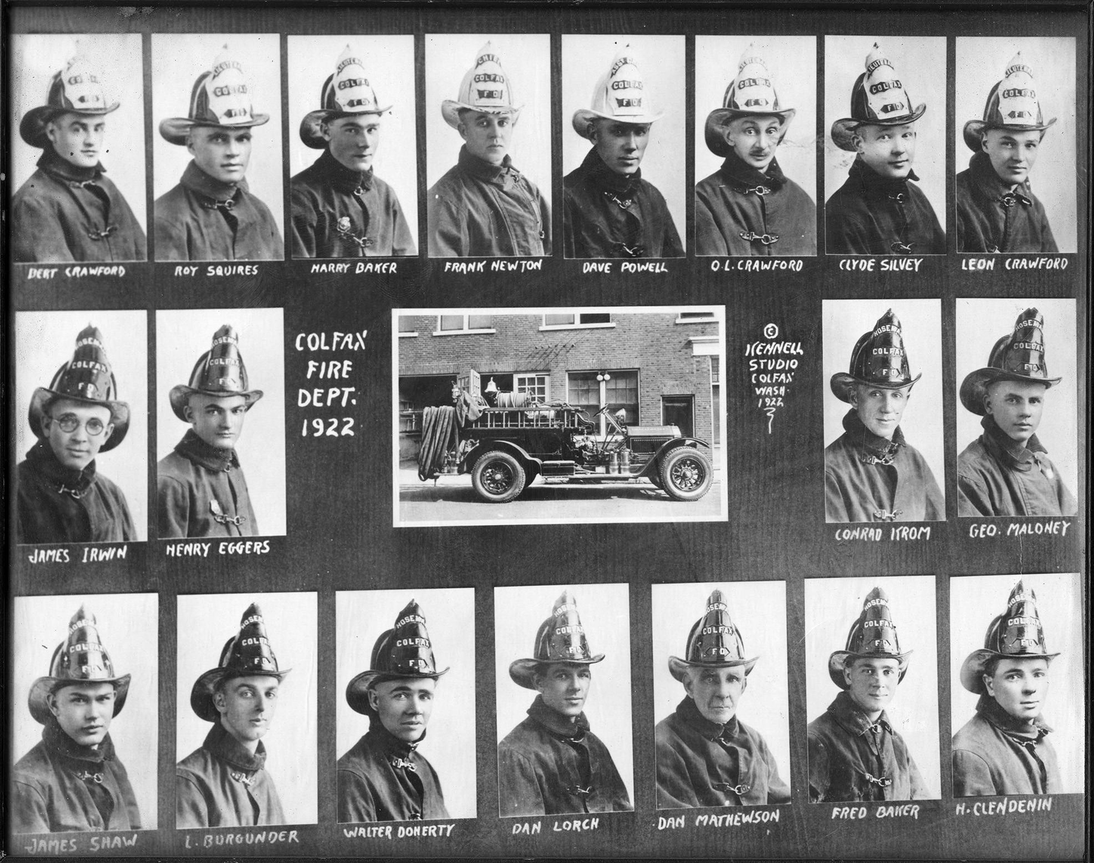 The 1922 Colfax Fire Department fire crew. Frank Newton was the fire chief and Dave Powell was the assistant fire chief.