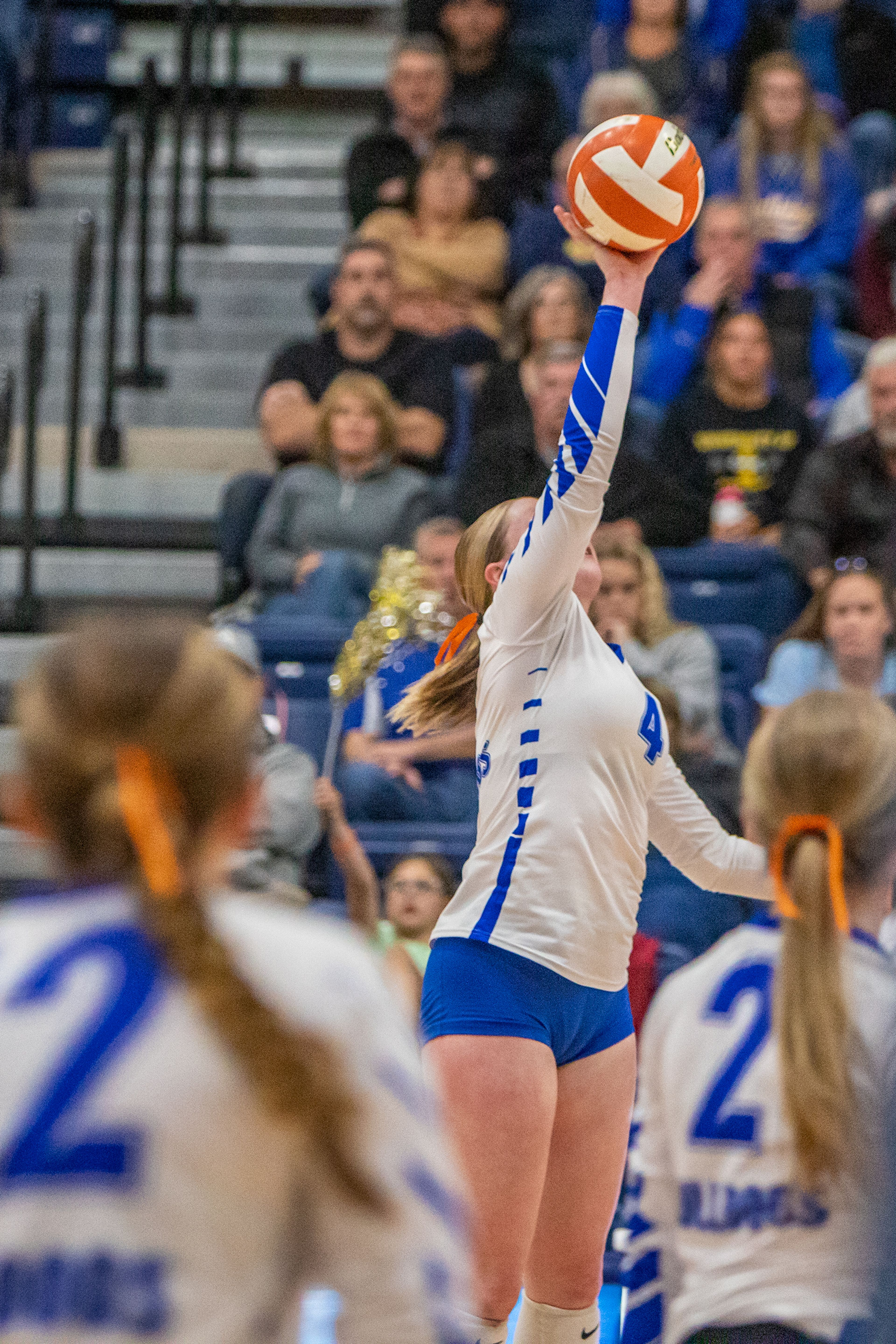 Genesee High’s Isabella Monk lobs the ball back to Troy High during the Idaho Class 1A Division I district volleyball tournament at the P1FCU Activity Center in Lewiston on Wednesday.