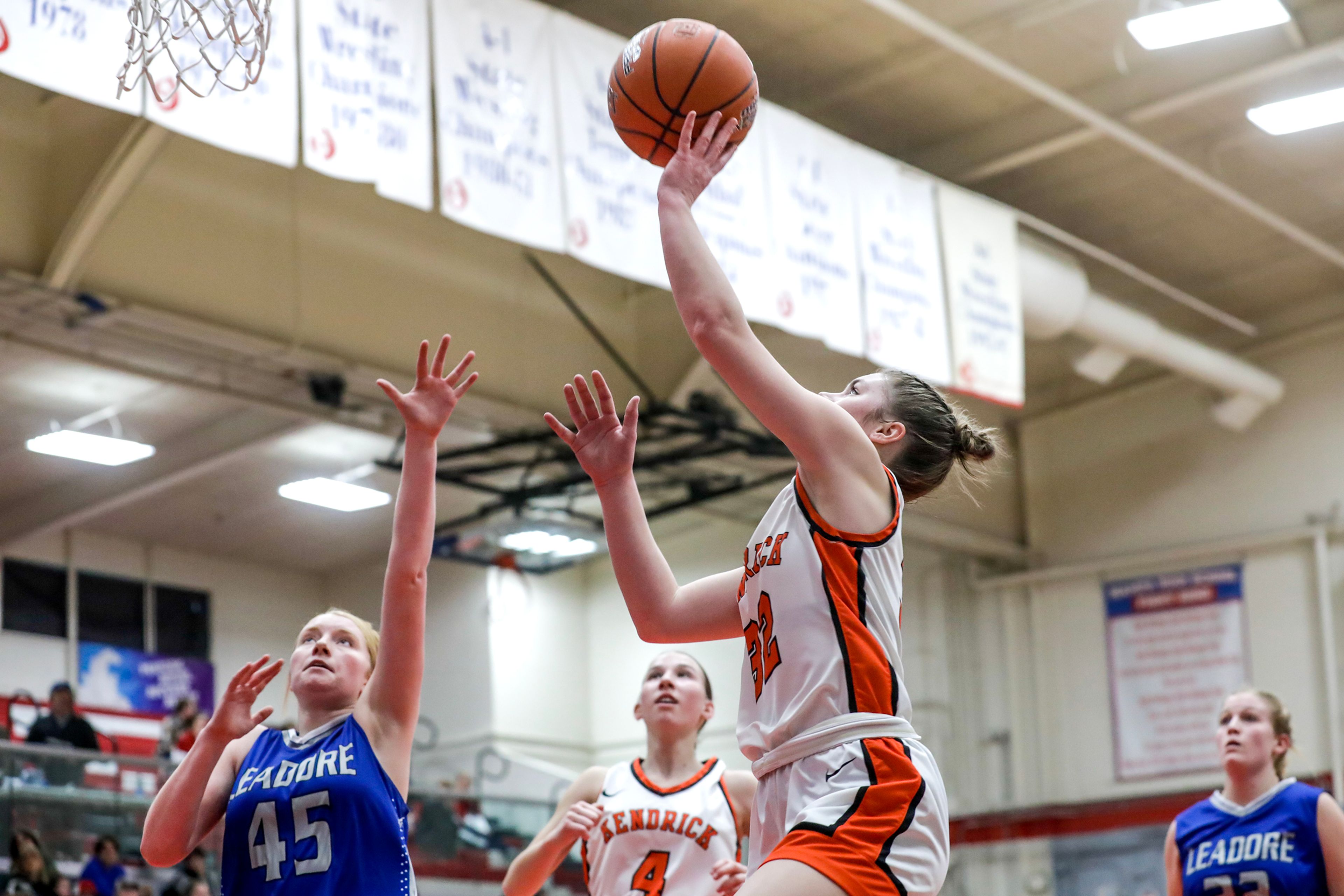 Leadore's Emma Strupp shoots the ball over Leadore's Azelynn Jones during a quarterfinal game in the girls 1A DII state tournament Thursday at Nampa High School in Nampa.