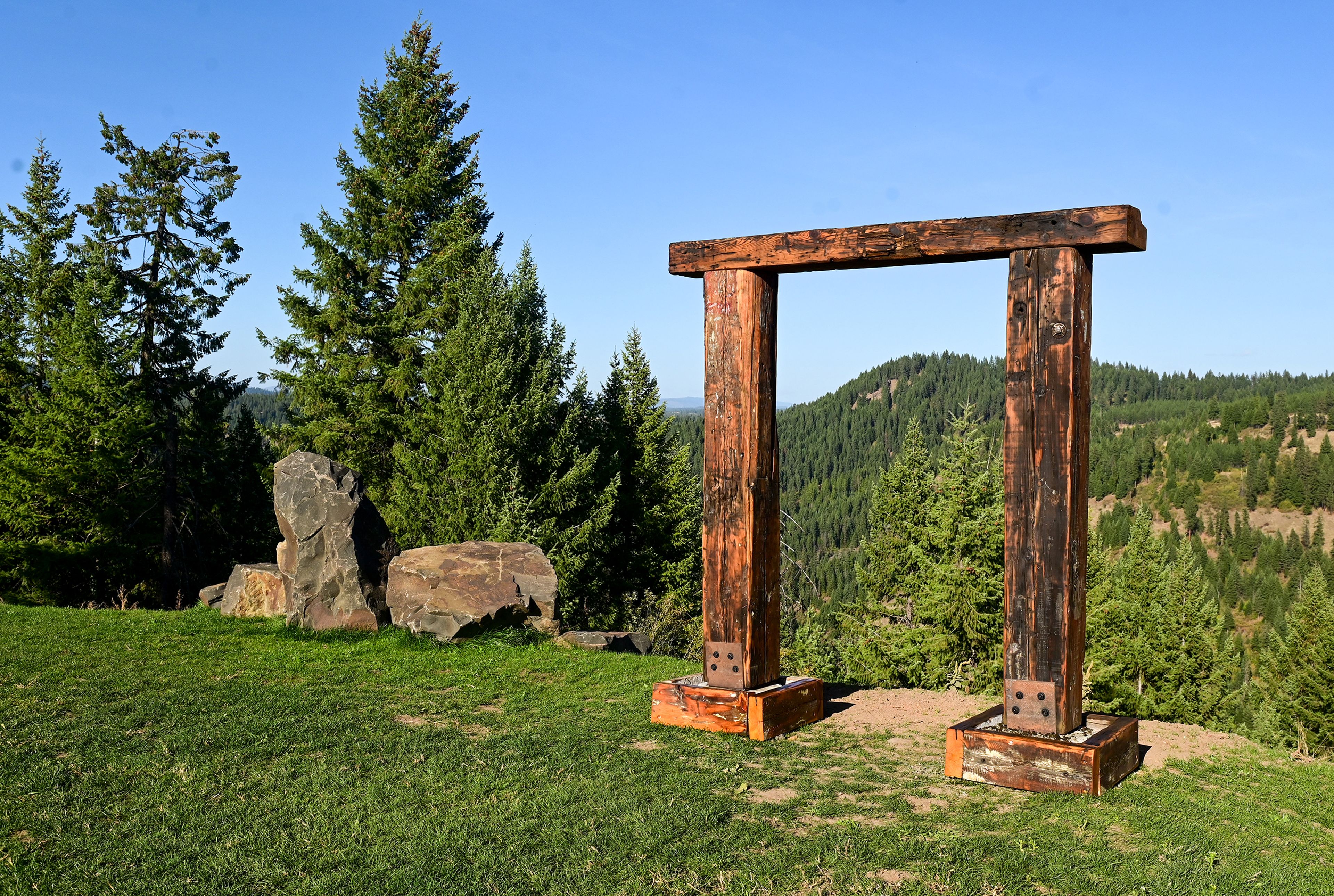 A wedding arch overlooks a canyon that the  Potlatch River flows through at the Edge of Heaven wedding venue near Deary.