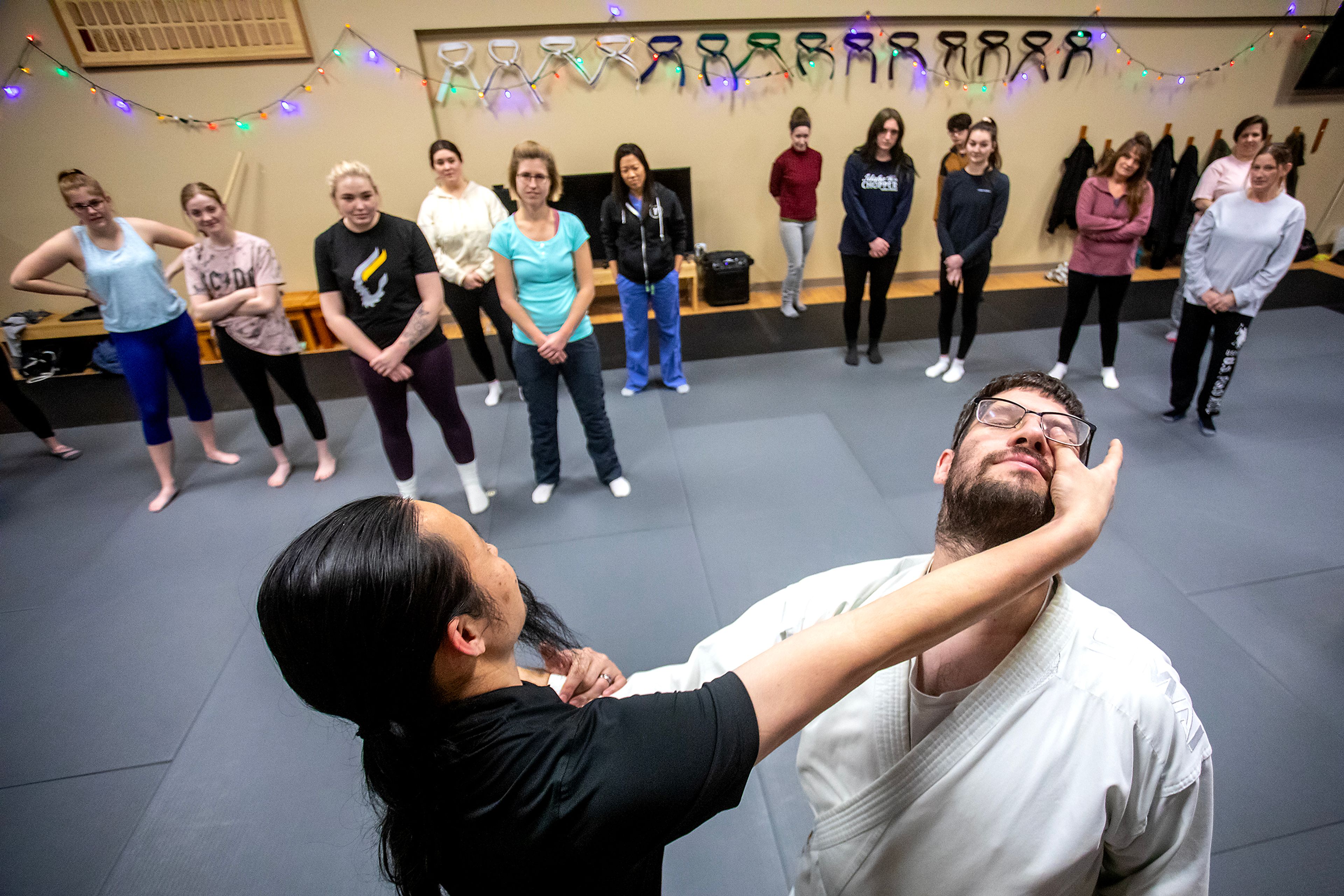 Chris Schwartz demonstrates gouging the eye of a potential attacker at his self-defense class at Northwest Wado-ryu karate Thursday last week in Moscow.