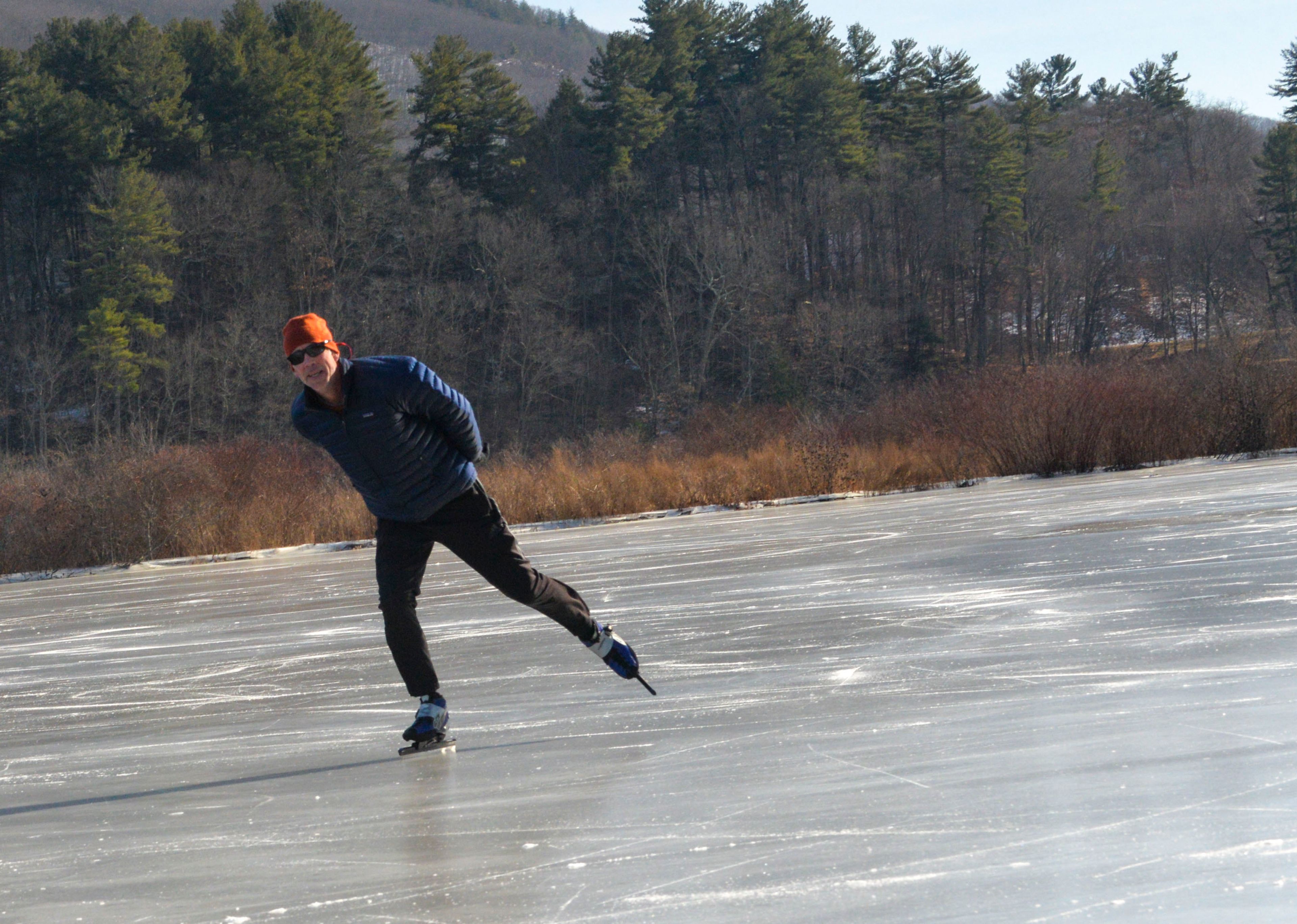 Ben James, of Guilford, skates around the Retreat Meadows, in Brattleboro, Vt., on a pair of speed skates on Monday, Dec. 26, 2022. (Kristopher Radder/The Brattleboro Reformer via AP)