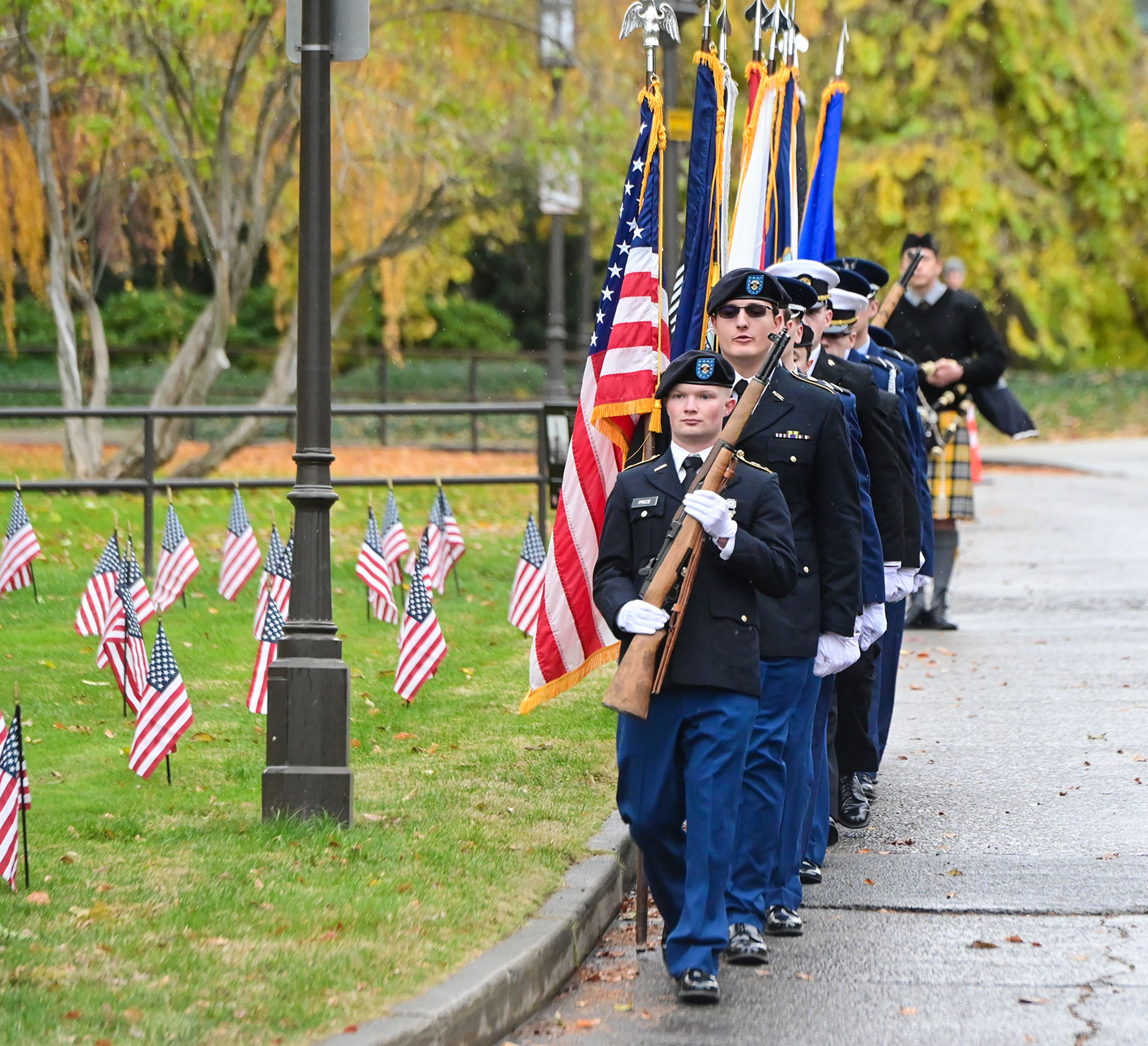 A color guard with the University of Idaho’s ROTC programs presents the colors at the UI Veterans Day wreath-laying ceremony Monday in Moscow.