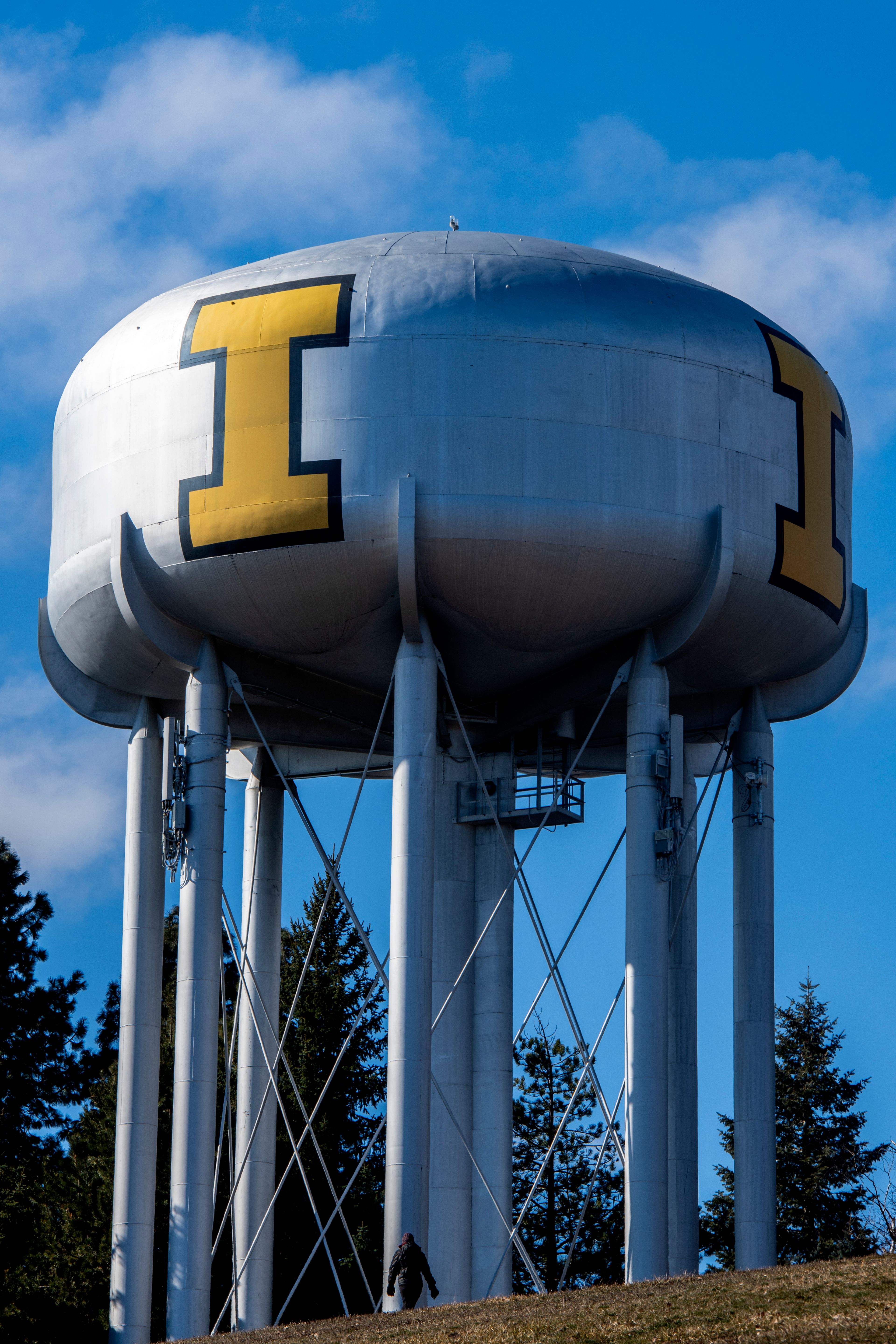 FILE — A pedestrian walks underneath a water tower on the University of Idaho’s campus in Moscow in March.