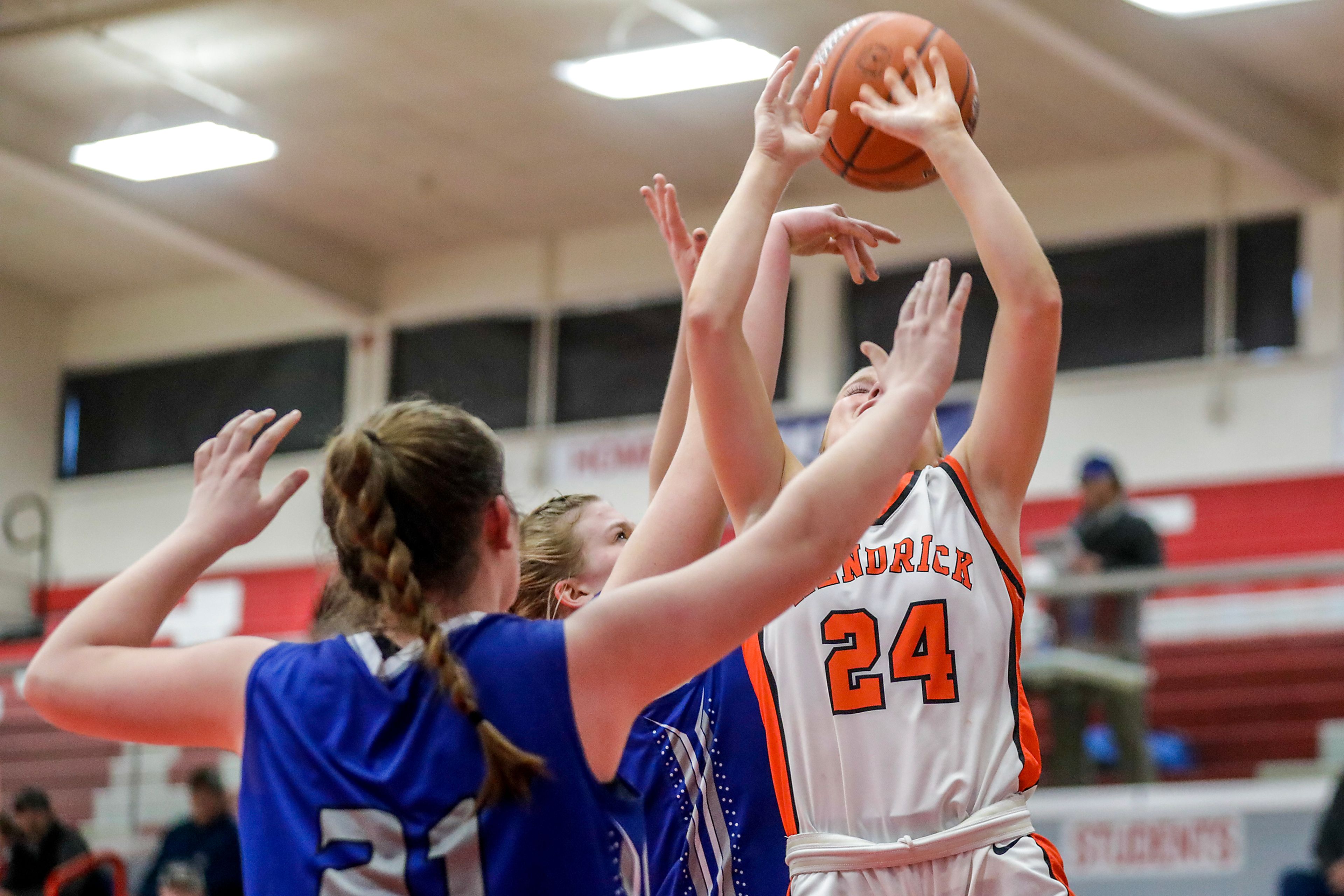 Kendrick guard Ruby Stewart loses the ball as she tries to take a shot against Leadore during a quarterfinal game in the girls 1A DII state tournament Thursday at Nampa High School in Nampa.