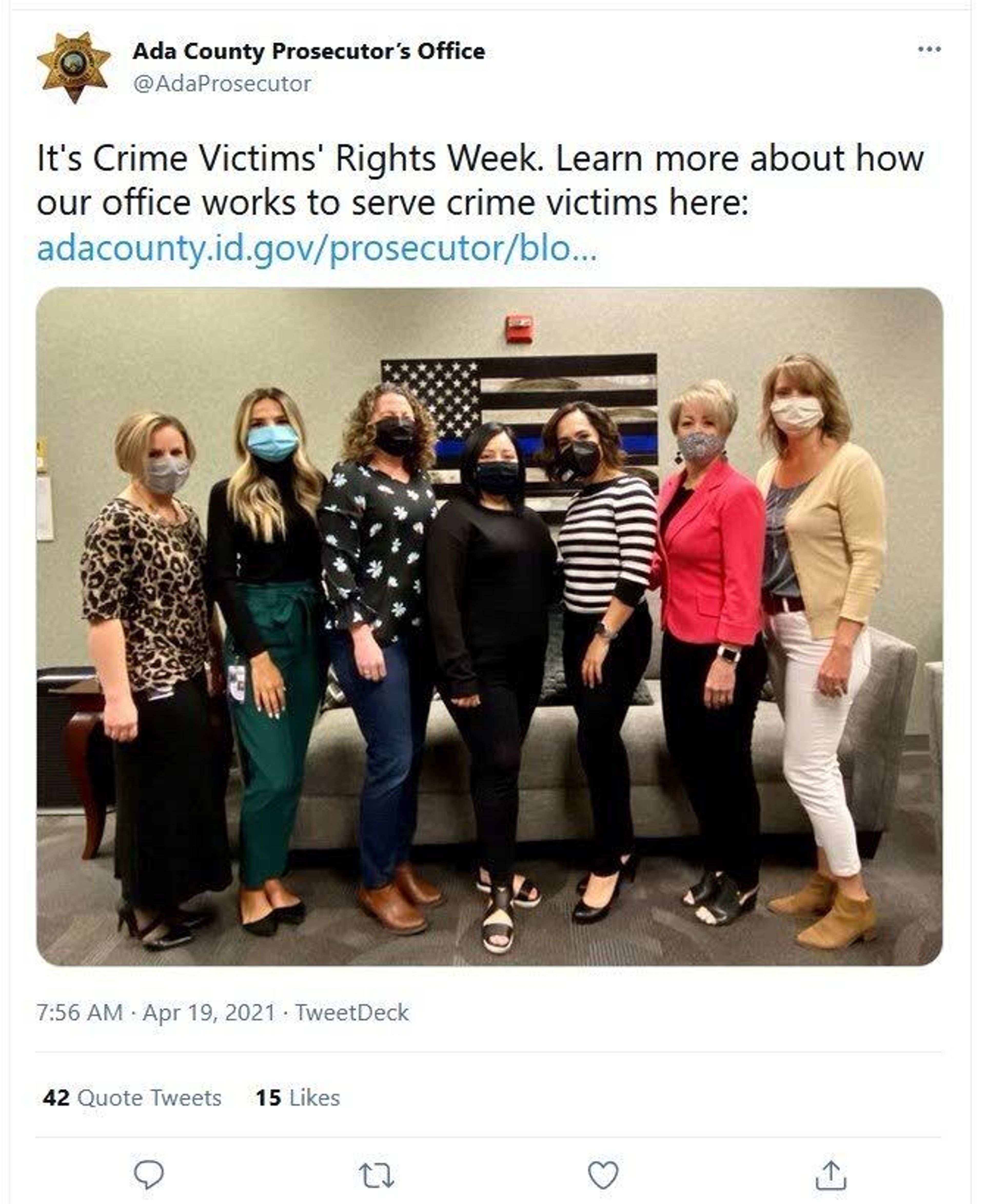 The Ada County Prosecutor’s Office received criticism after posting this tweet April 19 celebrating services for victims that featured a thin blue line flag in the background.