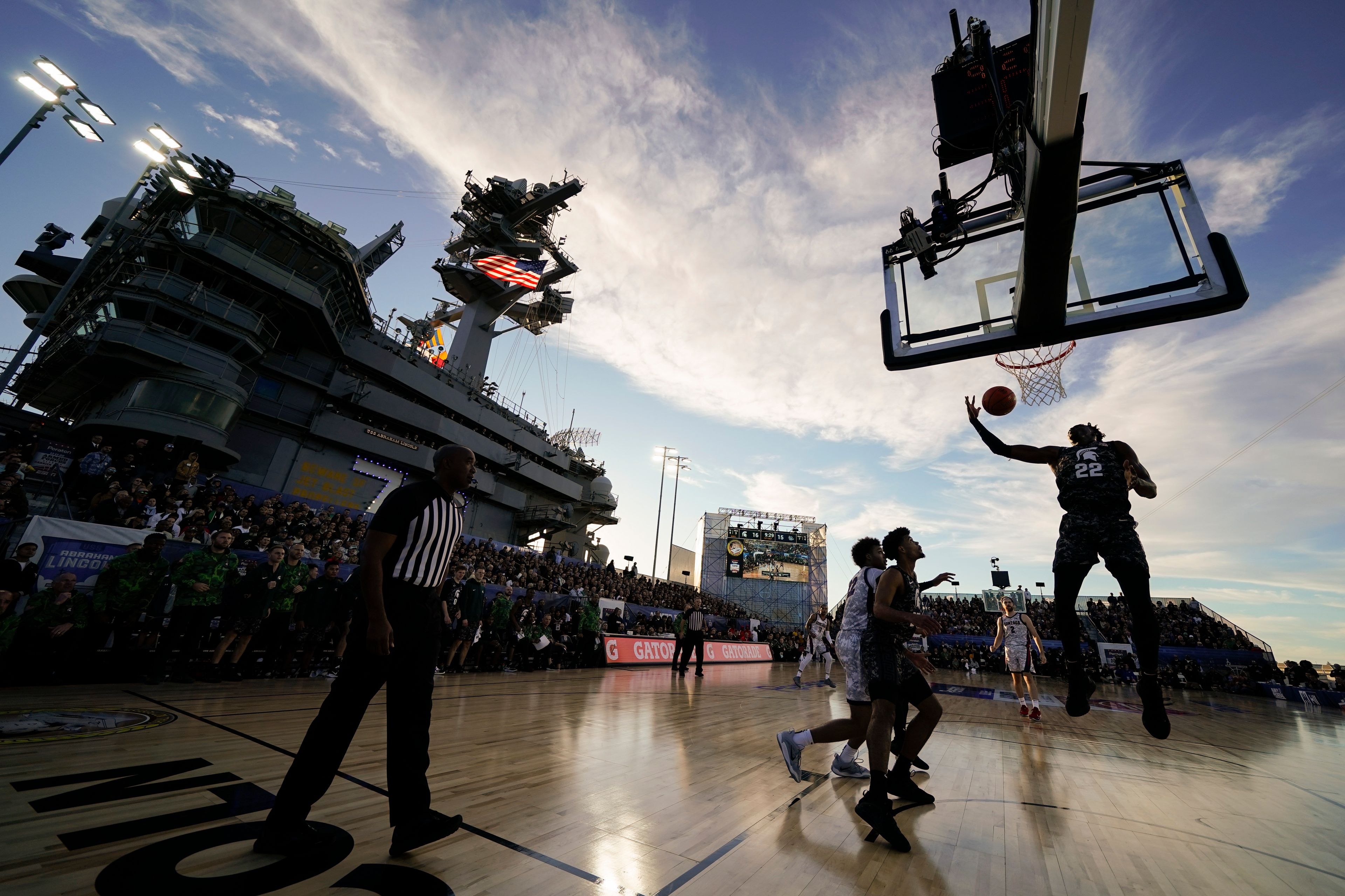 Michigan State center Mady Sissoko (22) catches a rebound during the first half of the Carrier Classic NCAA college basketball game against Gonzaga aboard the USS Abraham Lincoln in Coronado, Calif. Friday, Nov. 11, 2022. (AP Photo/Ashley Landis)