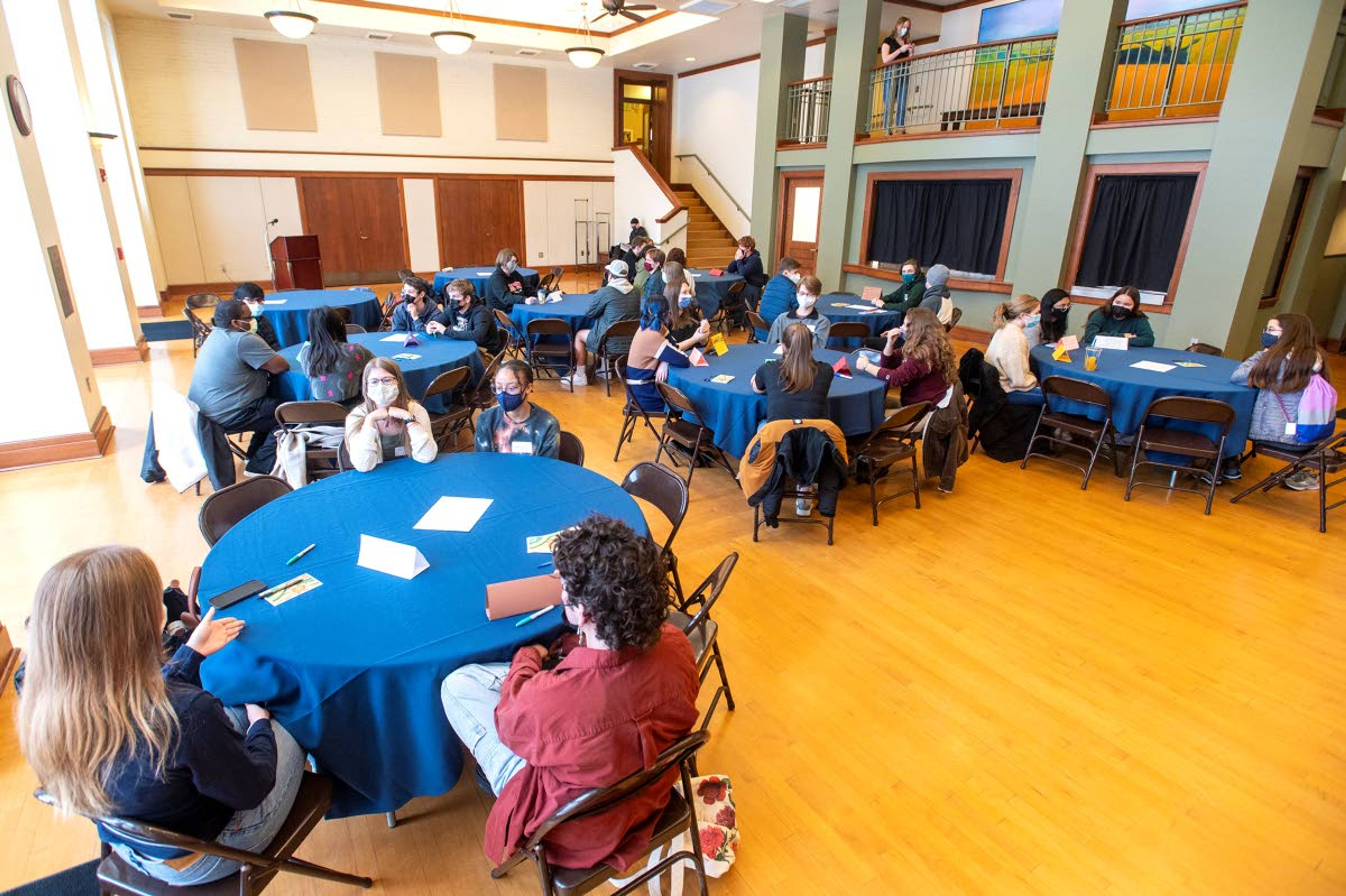 High school students from the area gather at the 1912 Center in Moscow to speak with current college students about their experiences on Monday afternoon.