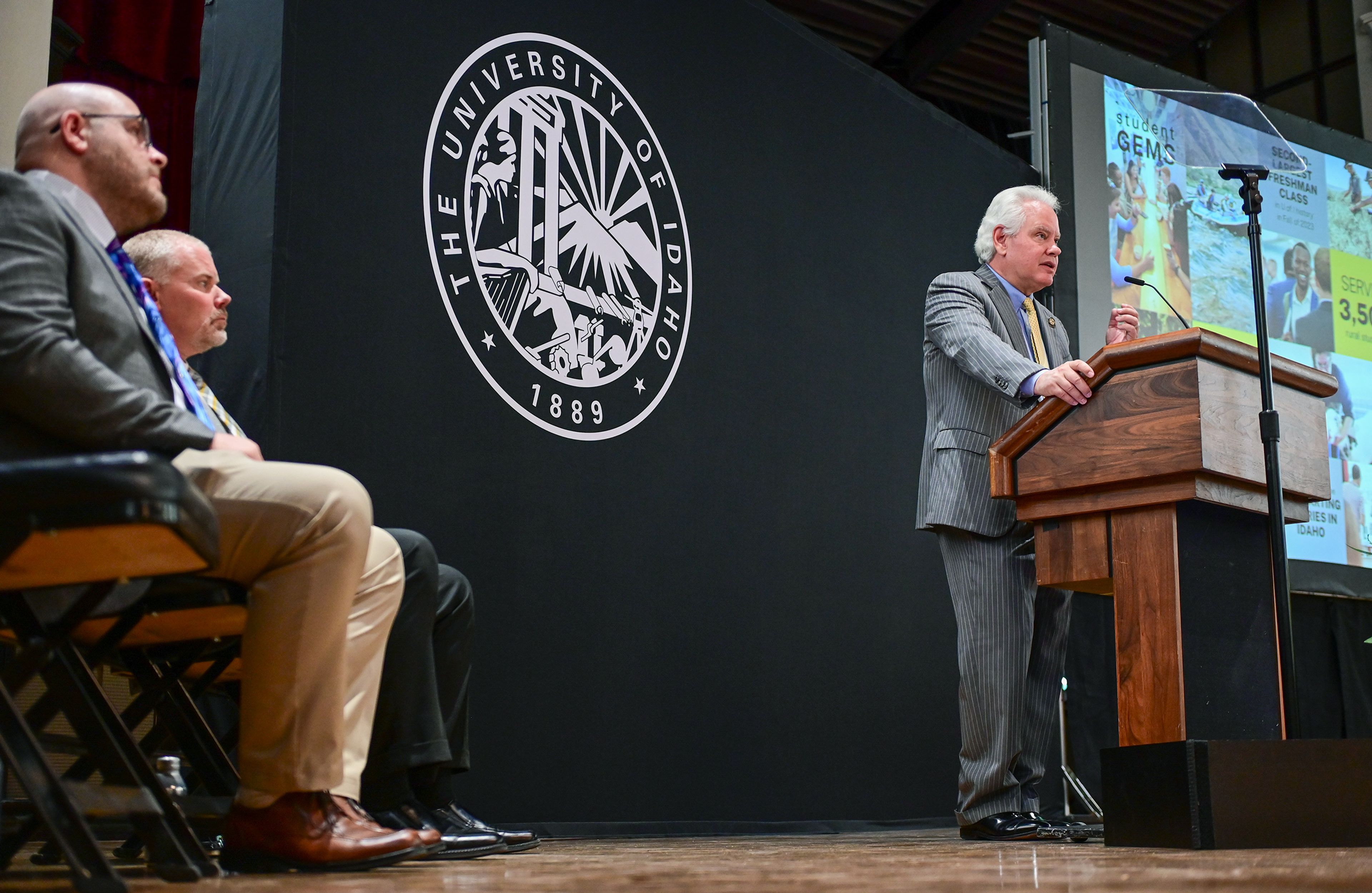 University of Idaho President C. Scott Green, right, gives a state of the university address on Tuesday in Moscow.