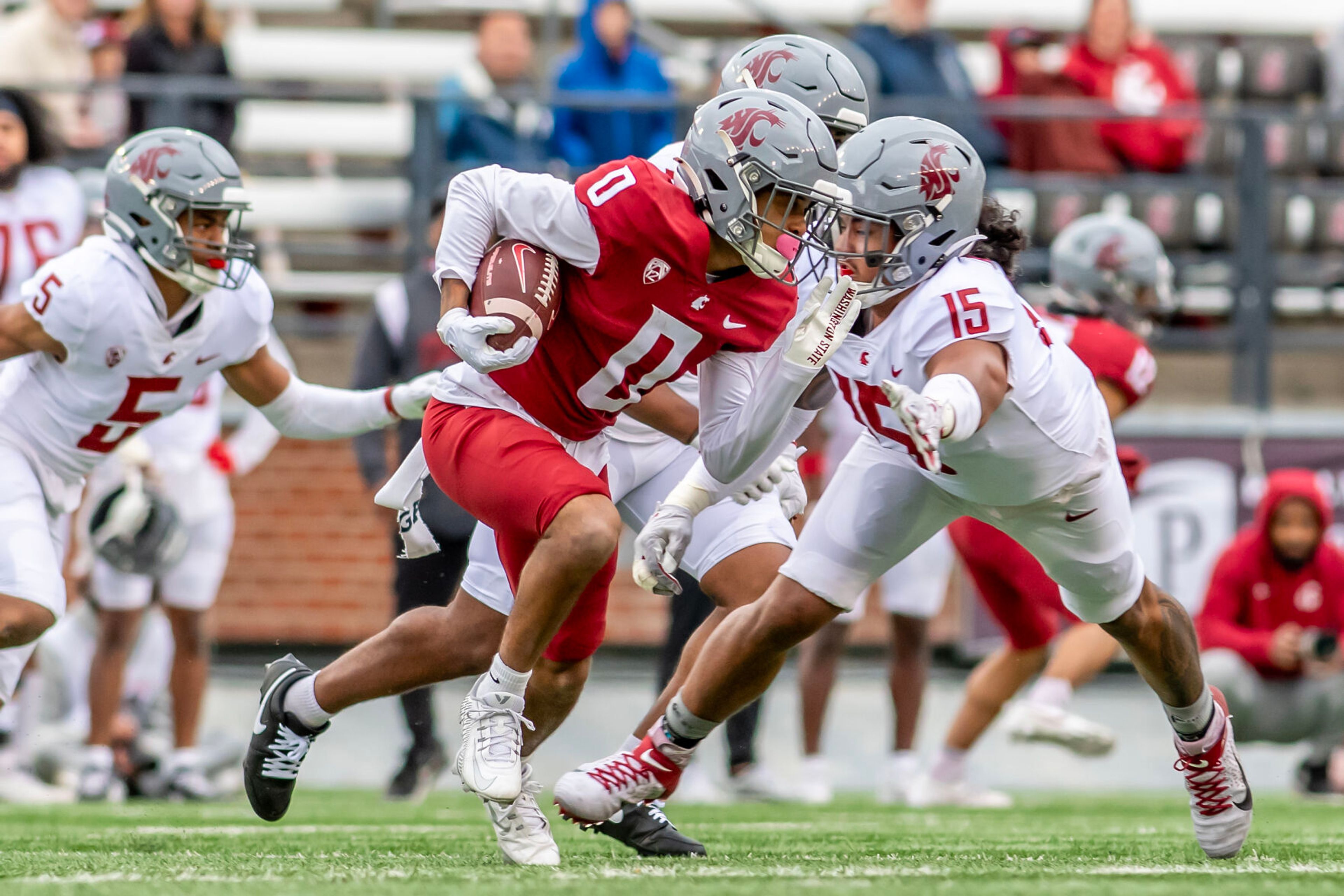 Crimson wide receiver Tony Freeman runs the ball as Gray edge Nusi Malani tries to stop him in a quarter of the Crimson and Gray Game at Washington State University in Pullman.