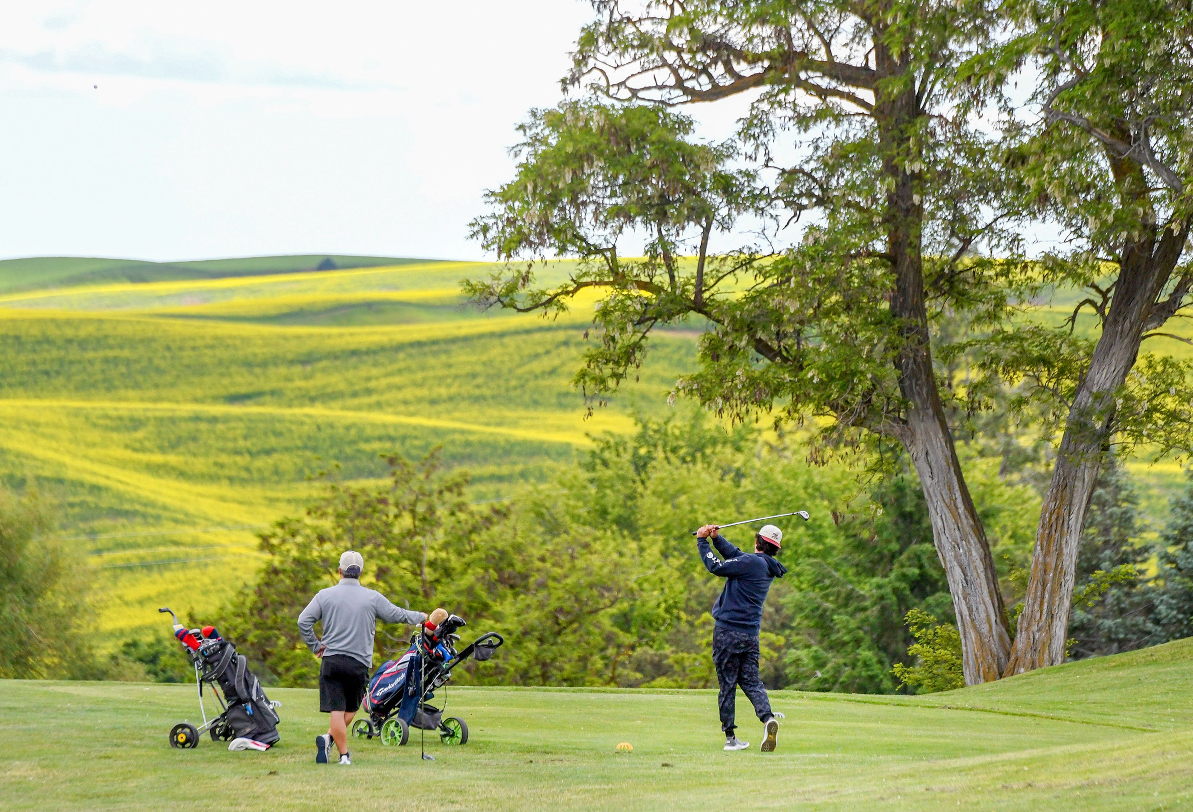 Craig Staszkow, left, and son Isaac Staszkow, 20, look out in the distance as they tee off for an afternoon round of golf on Tuesday at the Vandal Golf Course in Moscow.