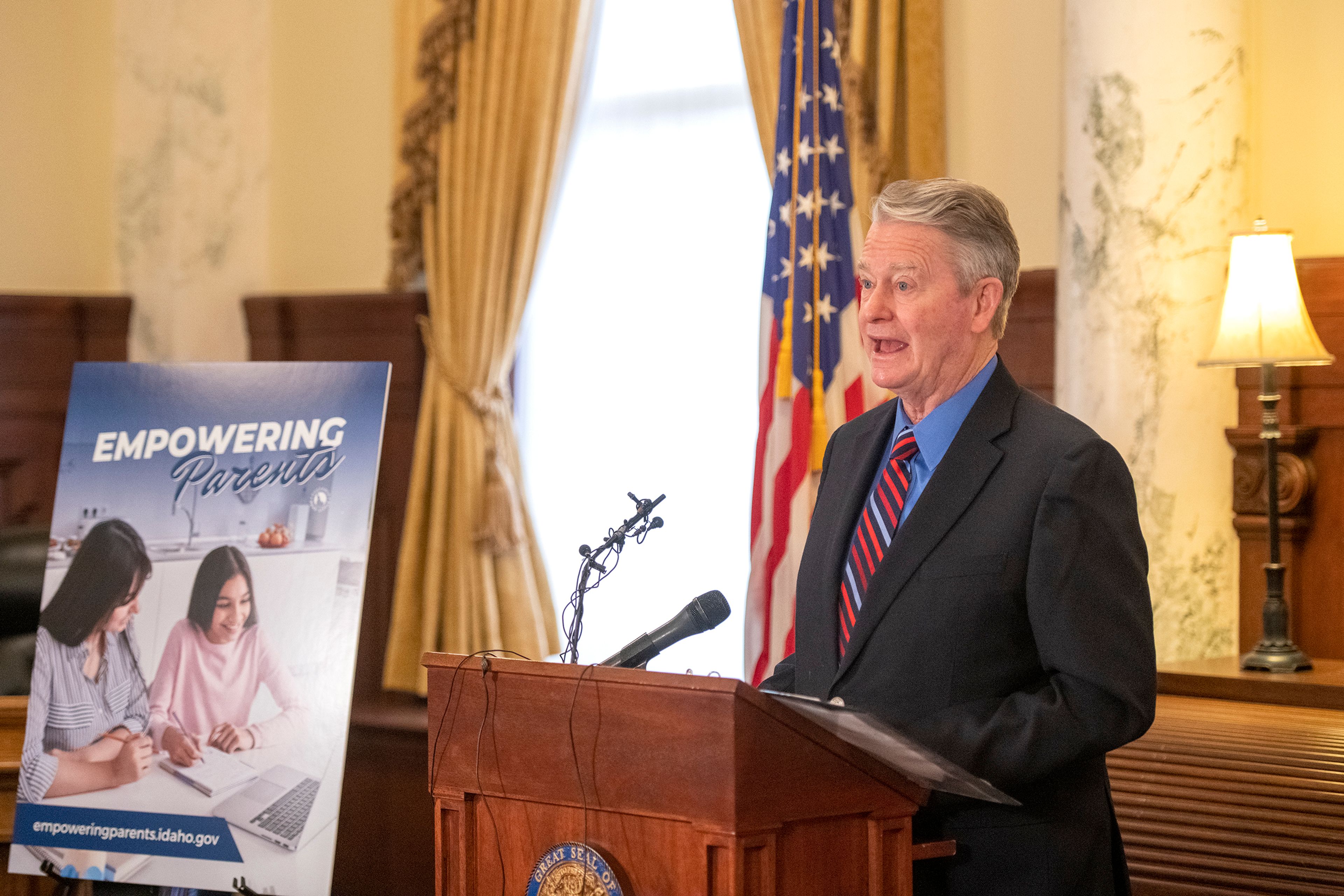 Idaho Governor Brad Little announces the establishment of the new Parent Advisory Council for the Empowering Parents grant program Monday during a press conference in his office at the Capitol Building in Boise. The Empowering Parents grant program helps families cover expenses such as computers, instructional material and tutors.