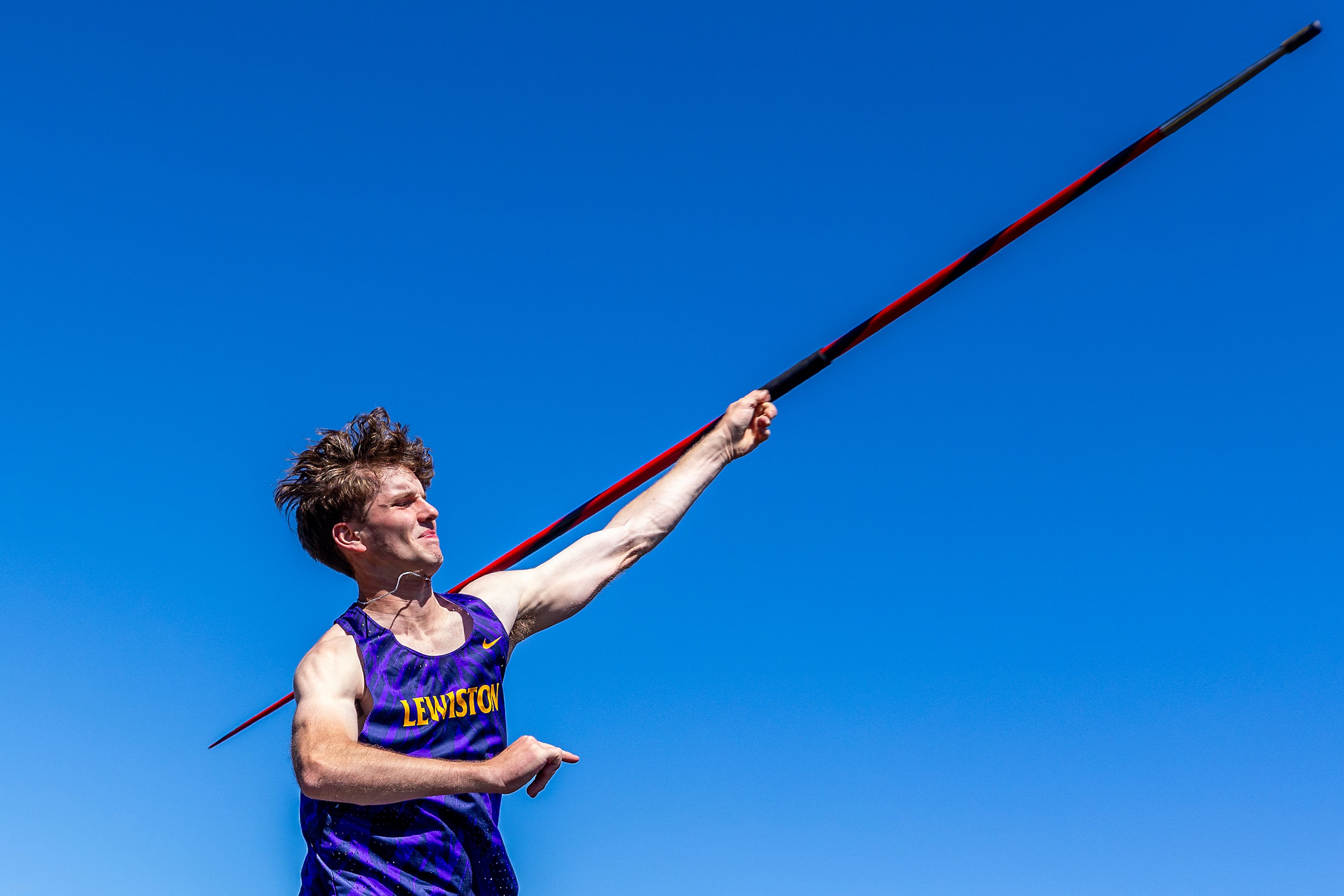 Lewiston’s Cameron Reed throws his javelin Thursday at the Meet of Champions at Sweeney Track and Vollmer Bowl in Lewiston.