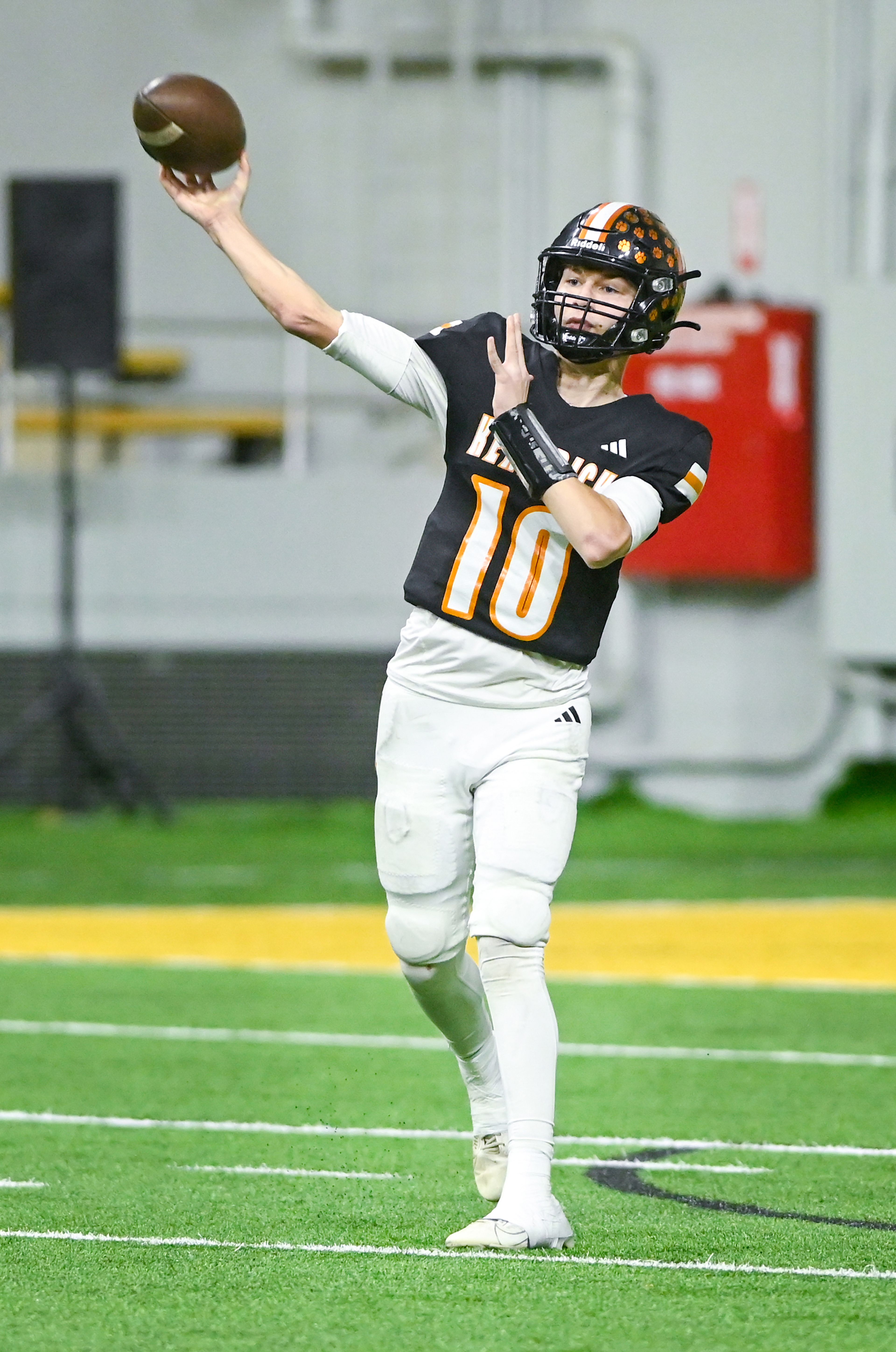 Kendrick’s Maddox Kirkland throws the ball Friday during the Idaho 2A football state championship game against Butte County at the P1FCU Kibbie Dome in Moscow.