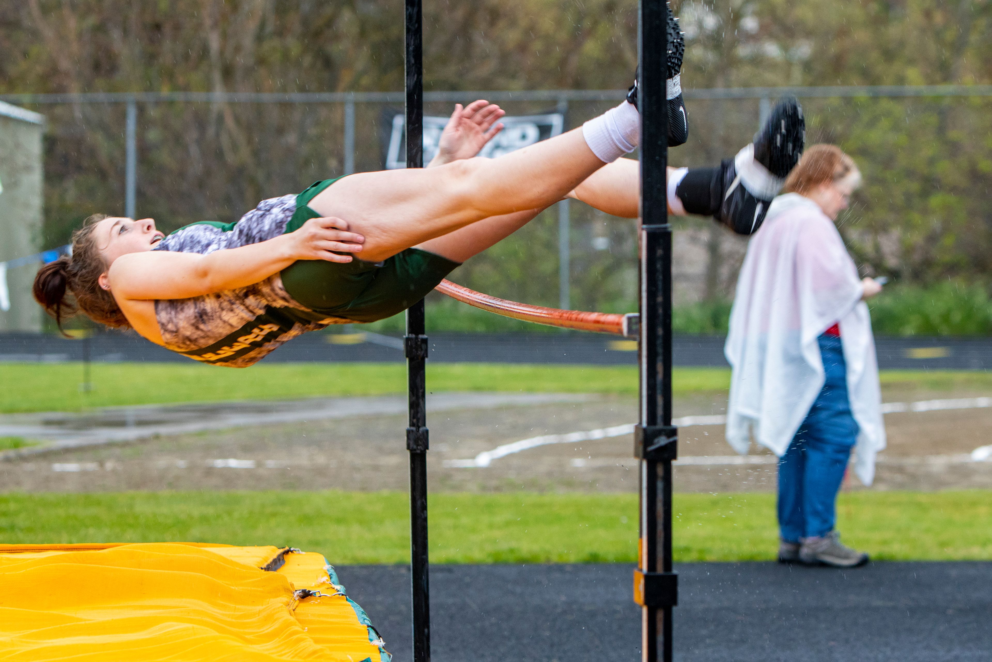 Potlatch High School sophomore Bailyn Anderson clears a height of 4 feet, 2 inches in the girls high jump Thursday during the District 1 Meet of Champions at Vollmer Park in Lewiston.