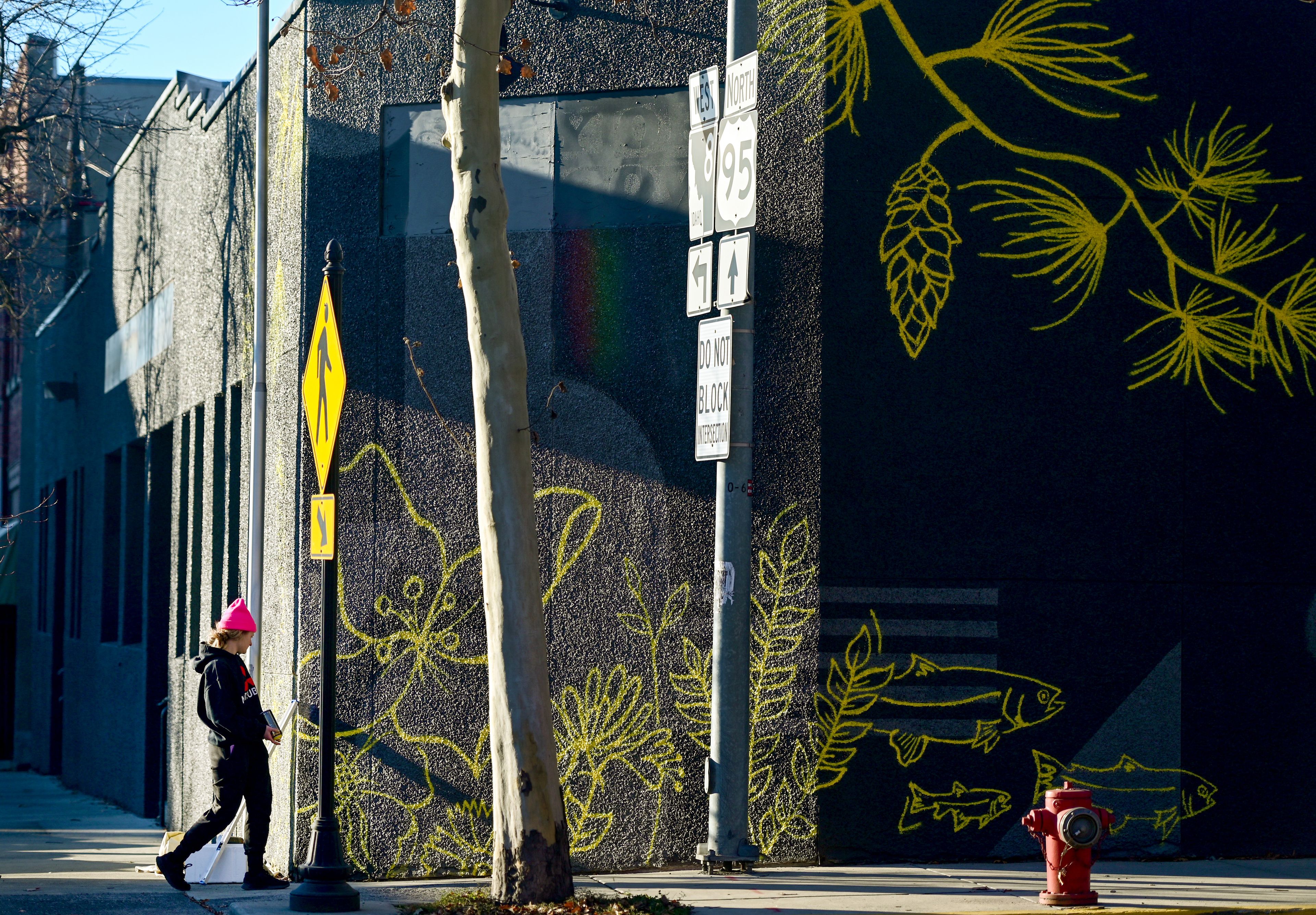 Mikaela Herrick, a University of Idaho senior studio art and design student, looks over her mural at the corner of Fourth and Washington streets in Moscow on Tuesday.