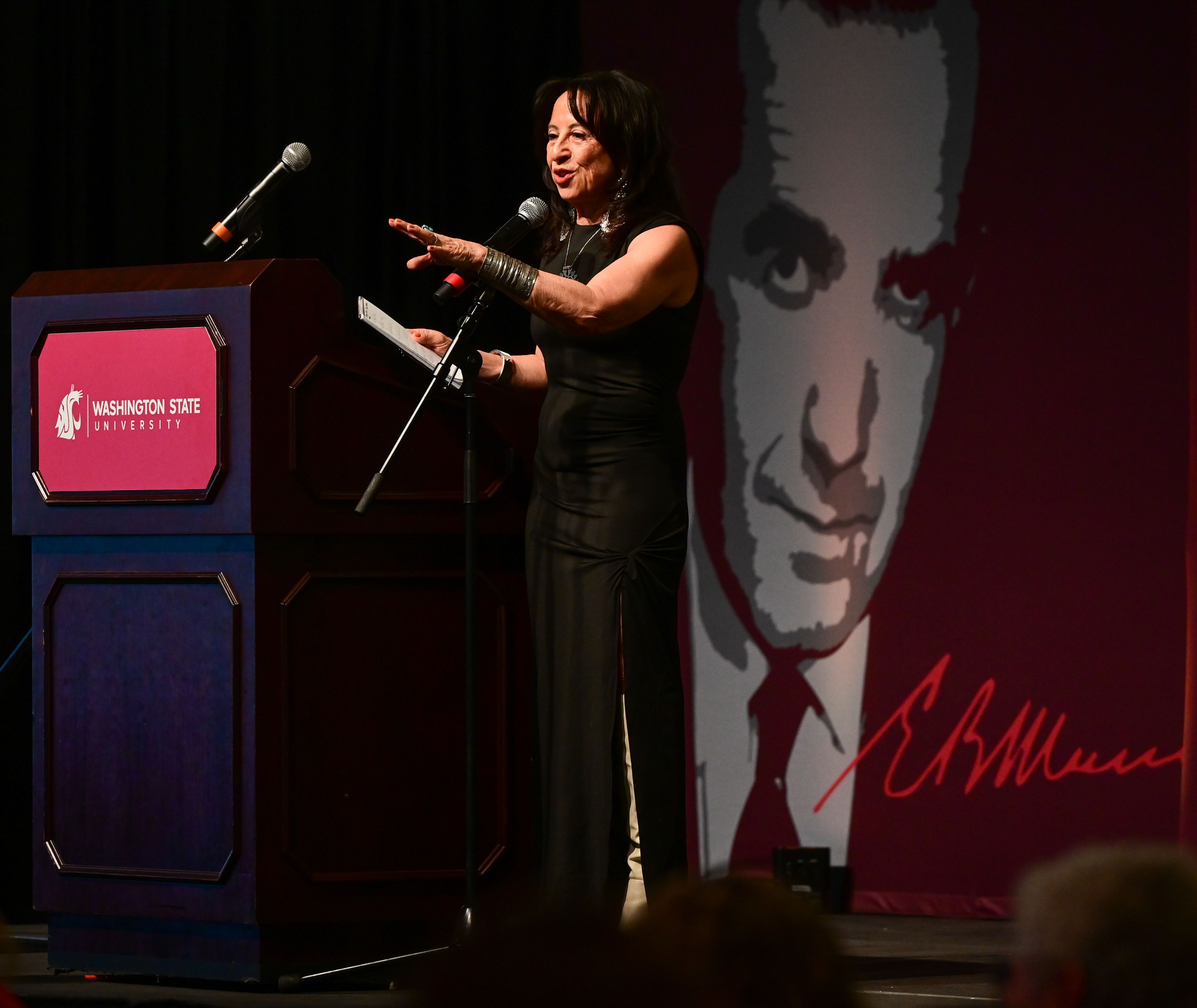 Maria Hinojosa delivers a keynote as the recipient of the Murrow Lifetime Achievement Award in Journalism during the Murrow Symposium at Washington State University’s campus in Pullman on Wednesday.